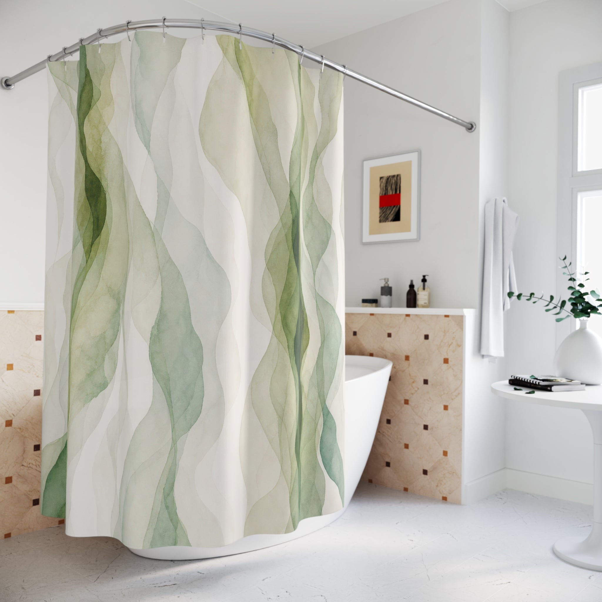 White Watercolor Green Stripe Shower Curtain