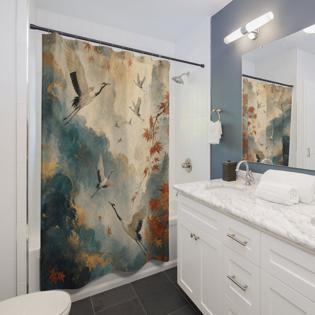 Cranes and Autumn Maple Shower Curtain