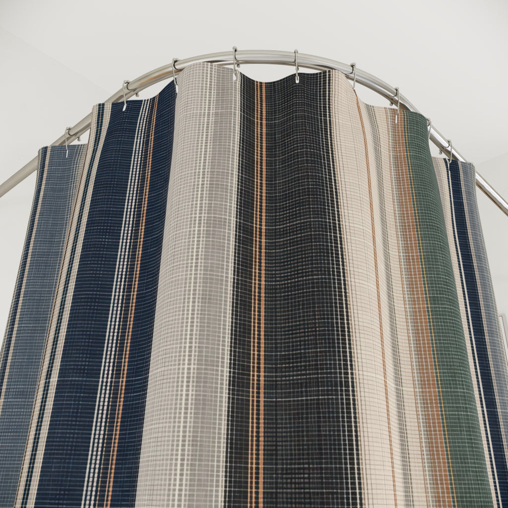 Navy Charcoal Woven Look Stripe Shower Curtain