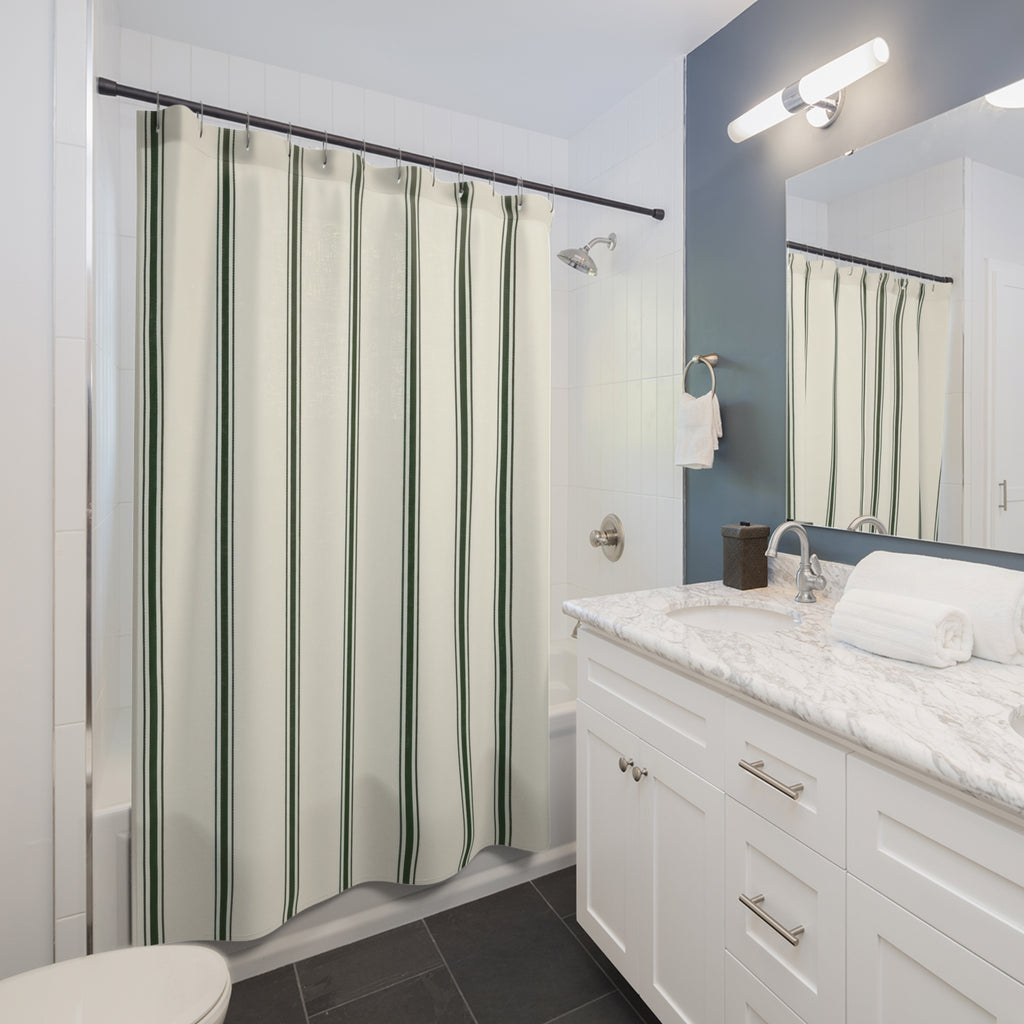 Green Striped Shower Curtain, Forest Pinstripe Bath Decor, Cream White Pattern, Modern Farmhouse Guest Bathroom Style, Classic Green Style