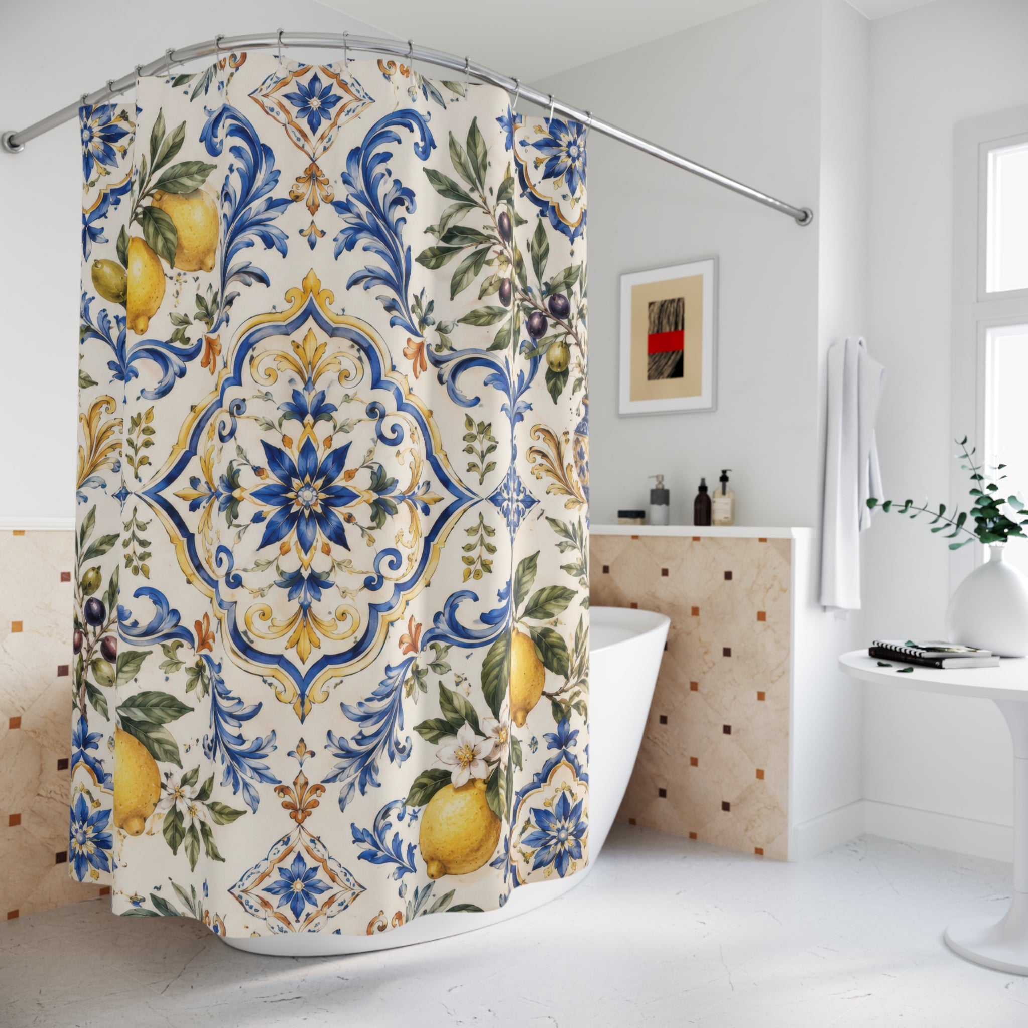 Italian Tile Shower Curtain: Blue Lemon Mediterranean