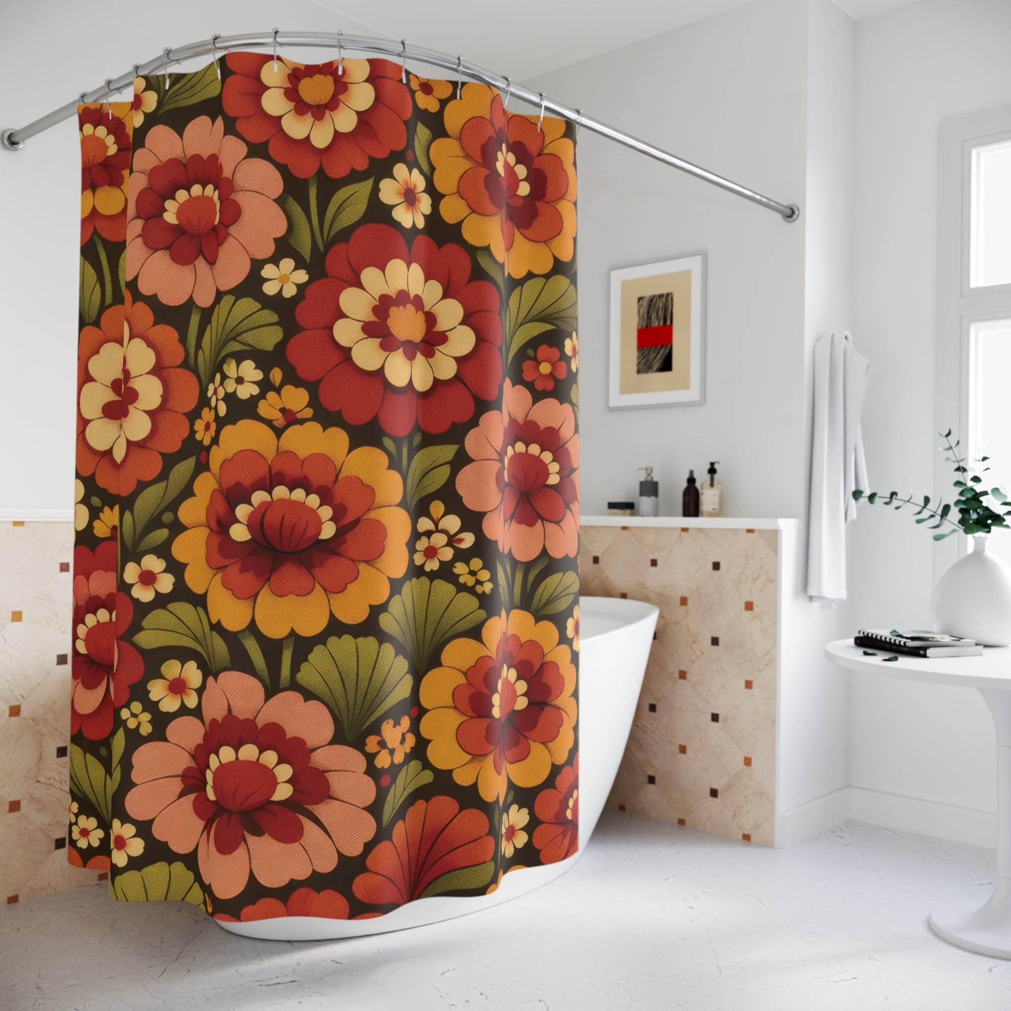 70s Marigold Shower Curtain – Rust Orange Retro Floral