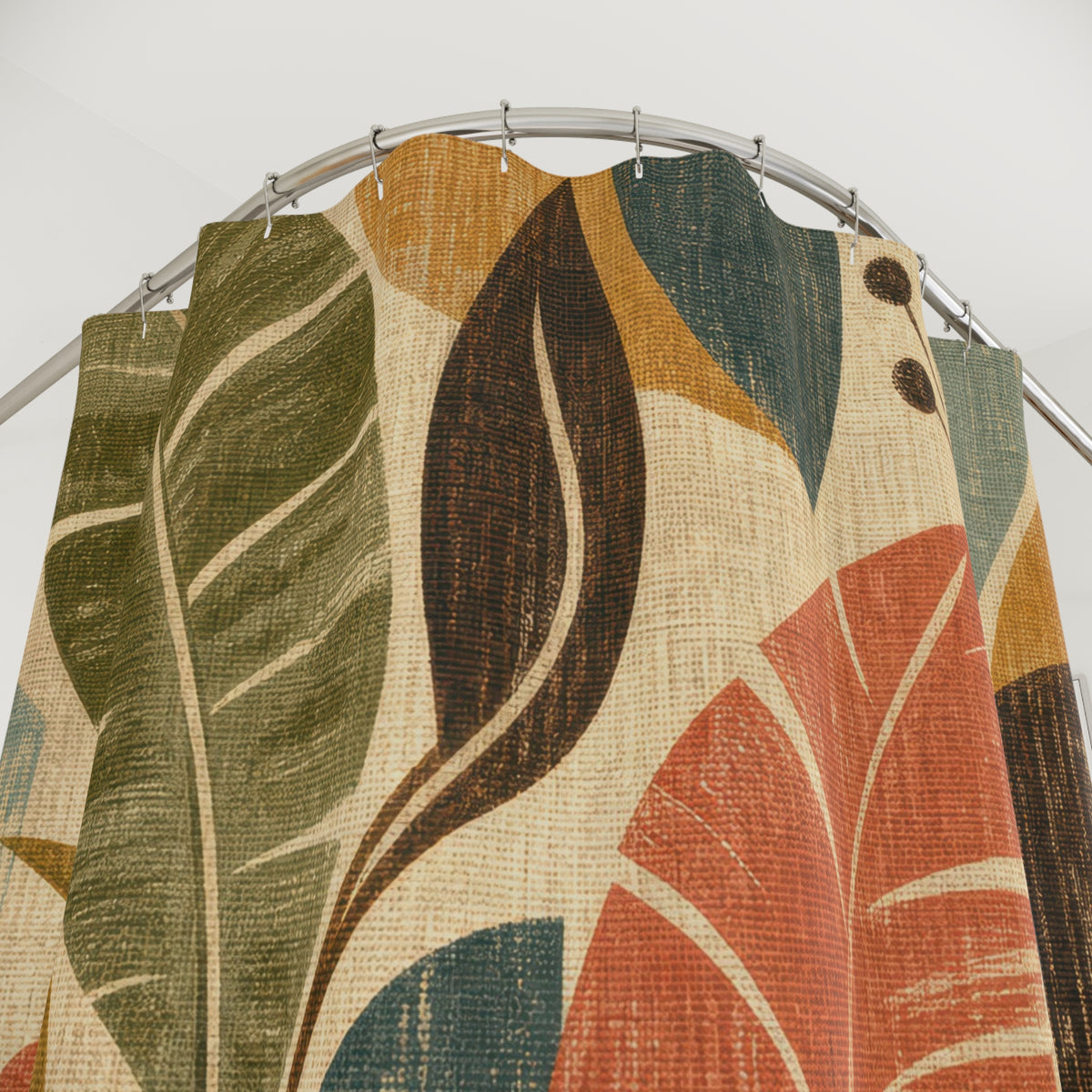 Vintage Barkcloth Foliage leaf pattern shower curtain with close-up print, hooks, and folds