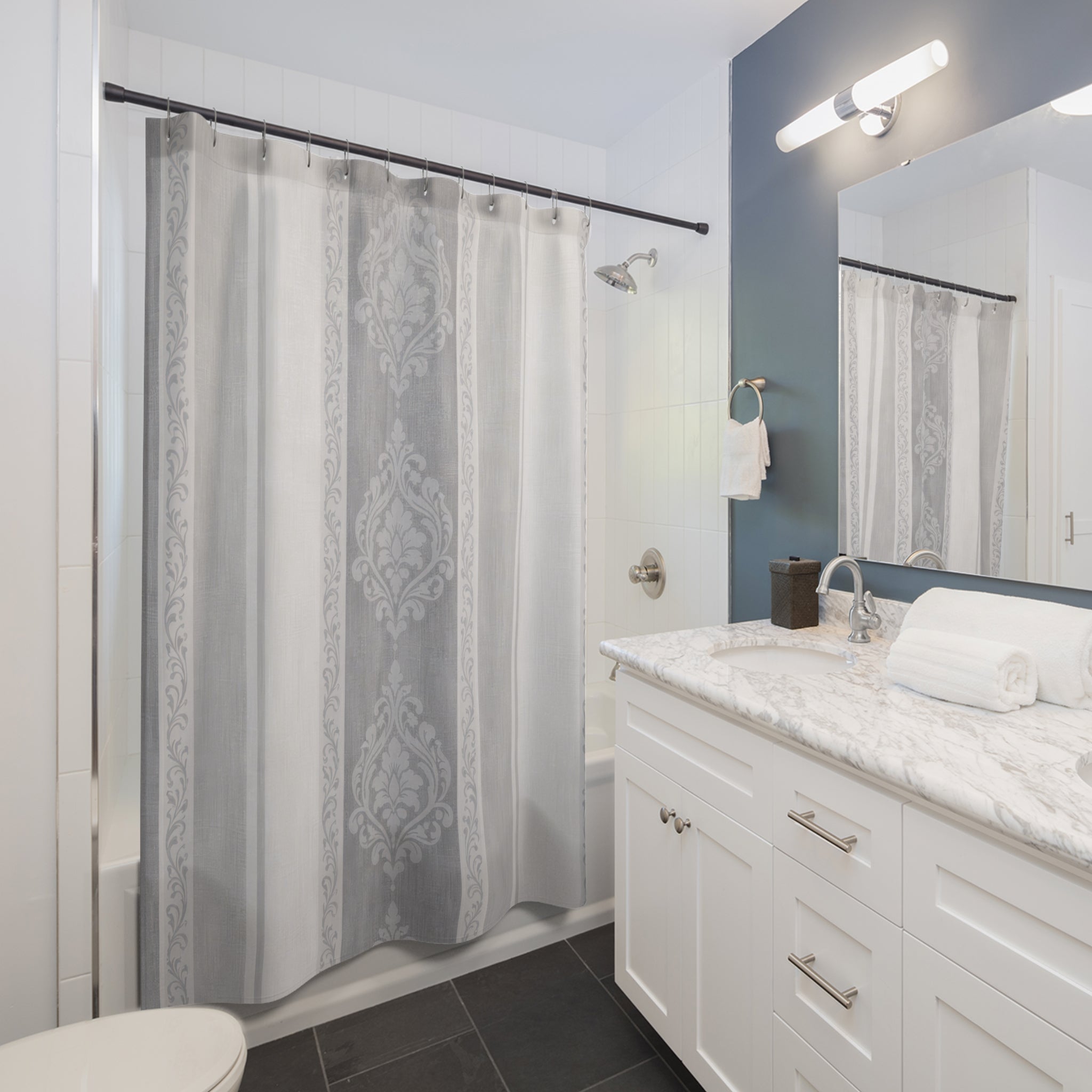 Elegant Damask Shower Curtain – Grey and White
