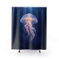 Opalescent jellyfish in deep blue water shower curtain with full front view