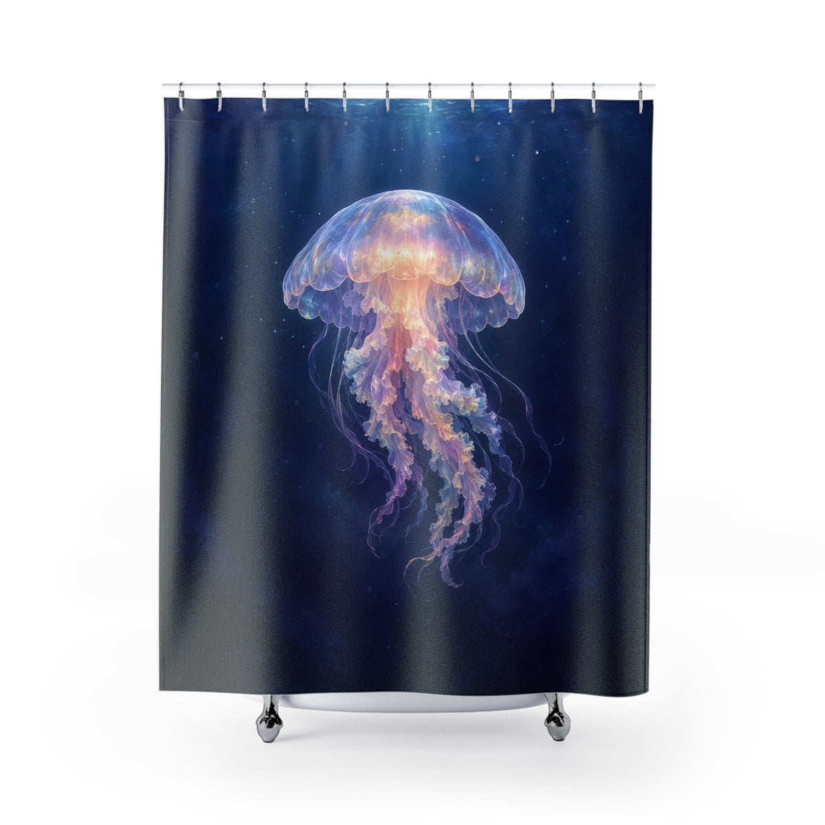Opalescent jellyfish in deep blue water shower curtain with full front view