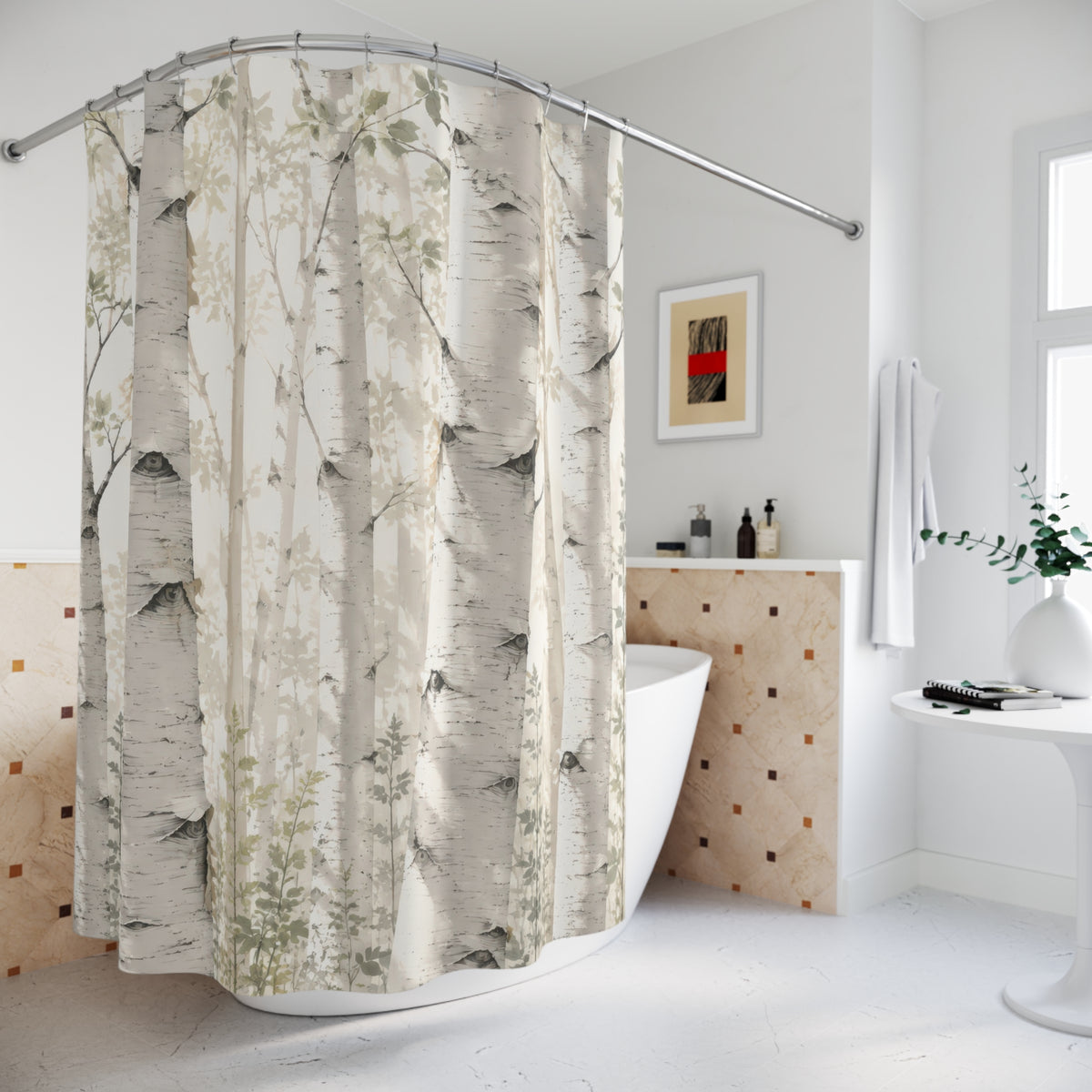 Ivory and sage white birch grove shower curtain beside a freestanding tub