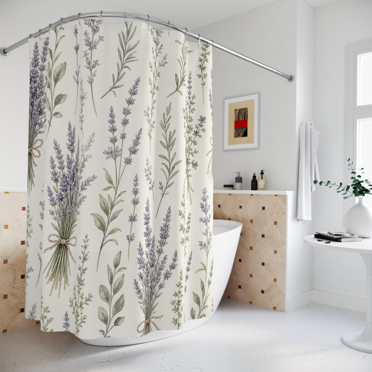 Purple Herb Botanical lavender pattern shower curtain beside a freestanding tub
