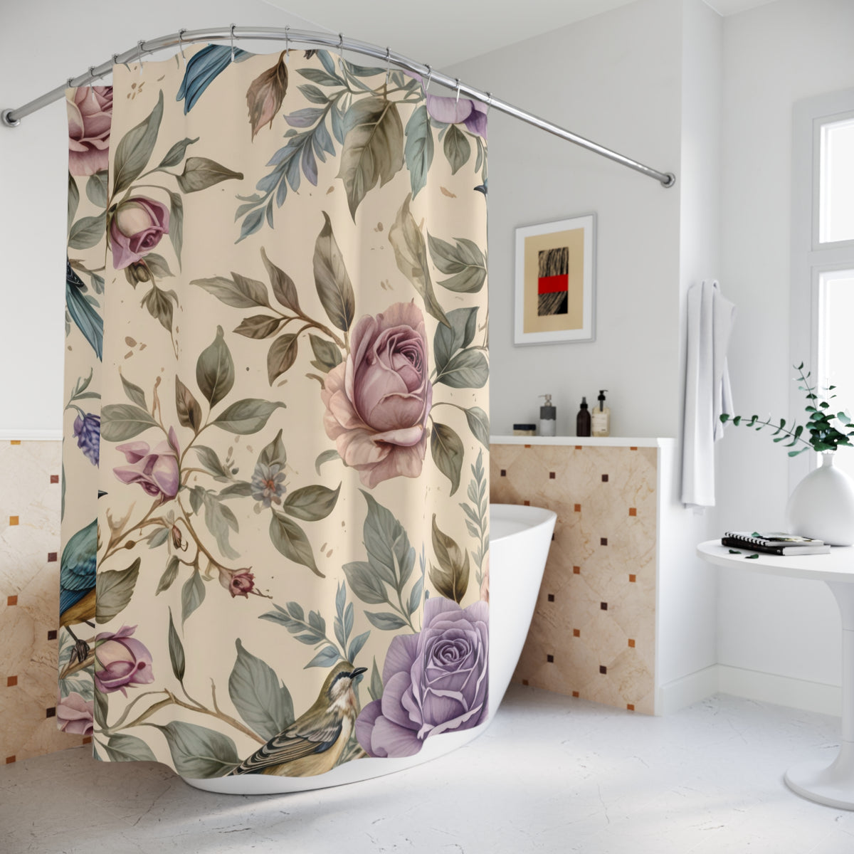 Watercolor Blue Bird and Rose shower curtain beside a freestanding tub