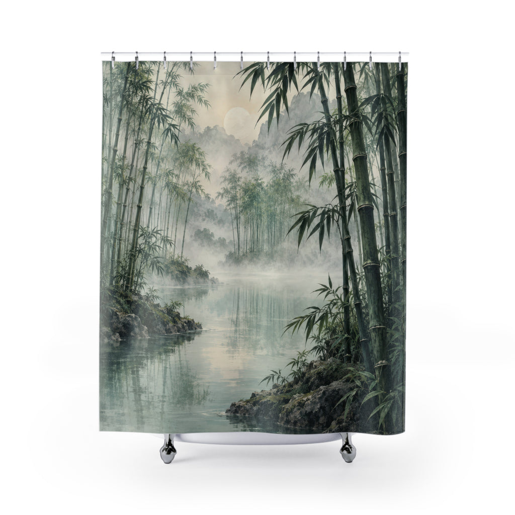 Green bamboo beside still water and pale mist shower curtain with full front view