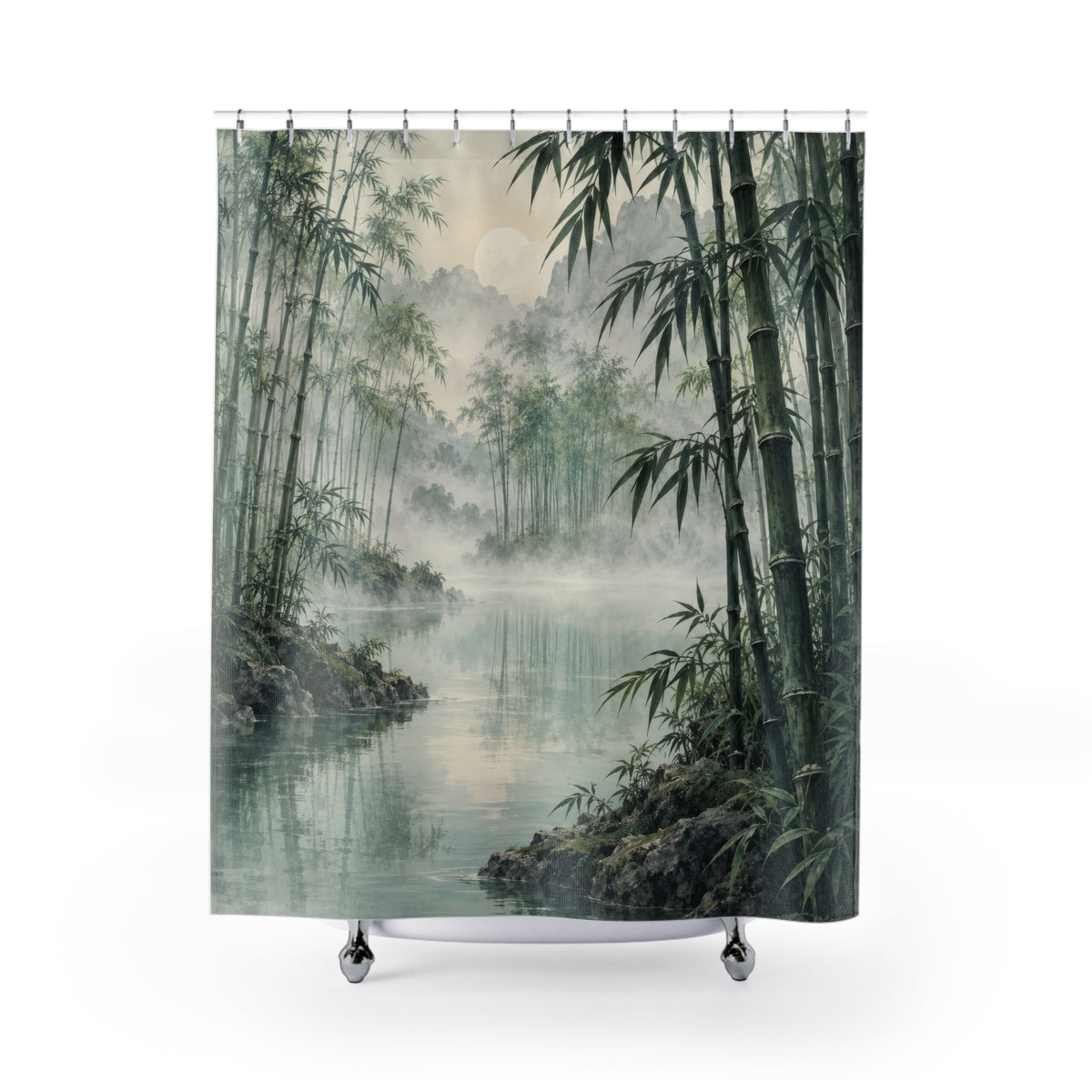 Green bamboo beside still water and pale mist shower curtain with full front view