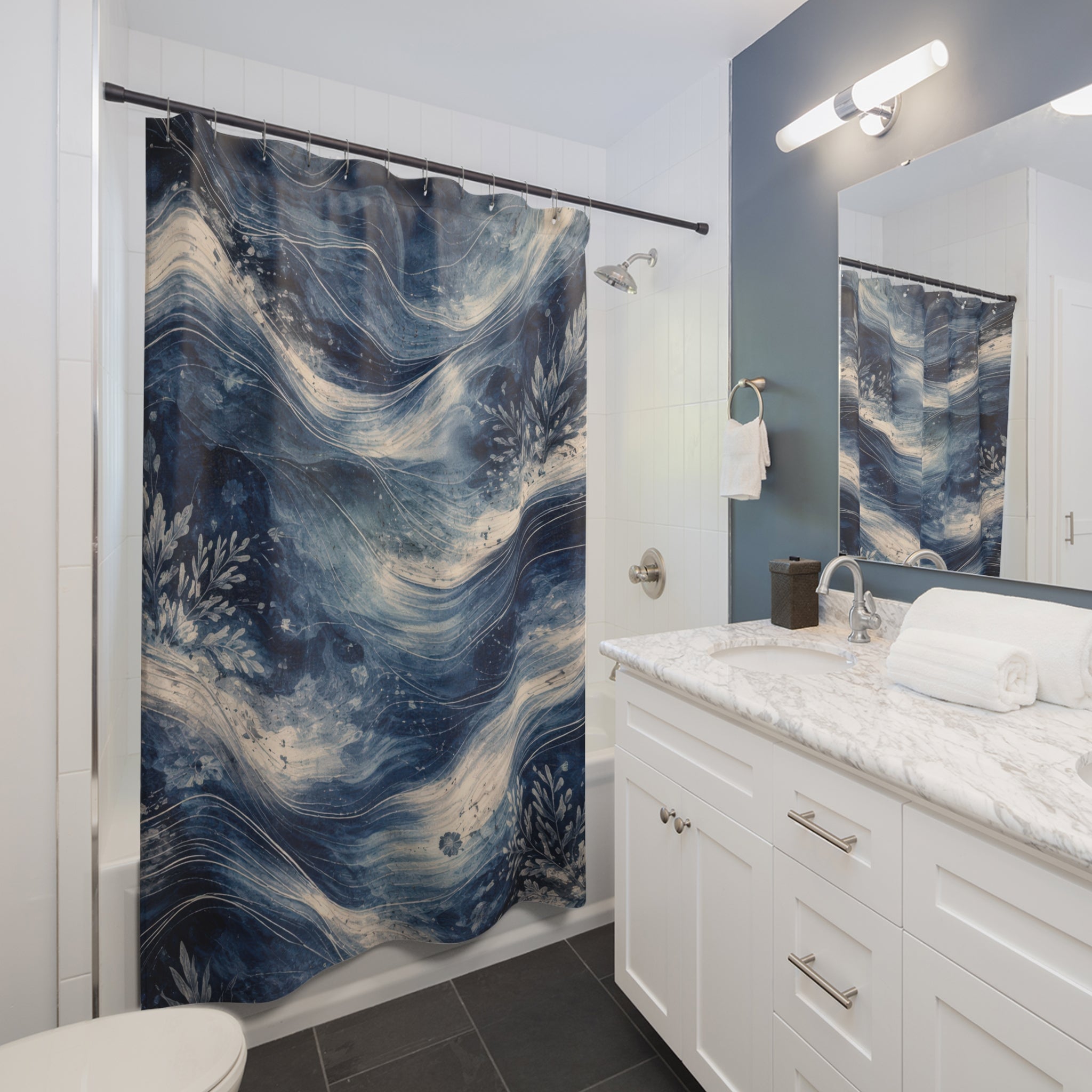 Navy Ocean Watercolor Shower Curtain