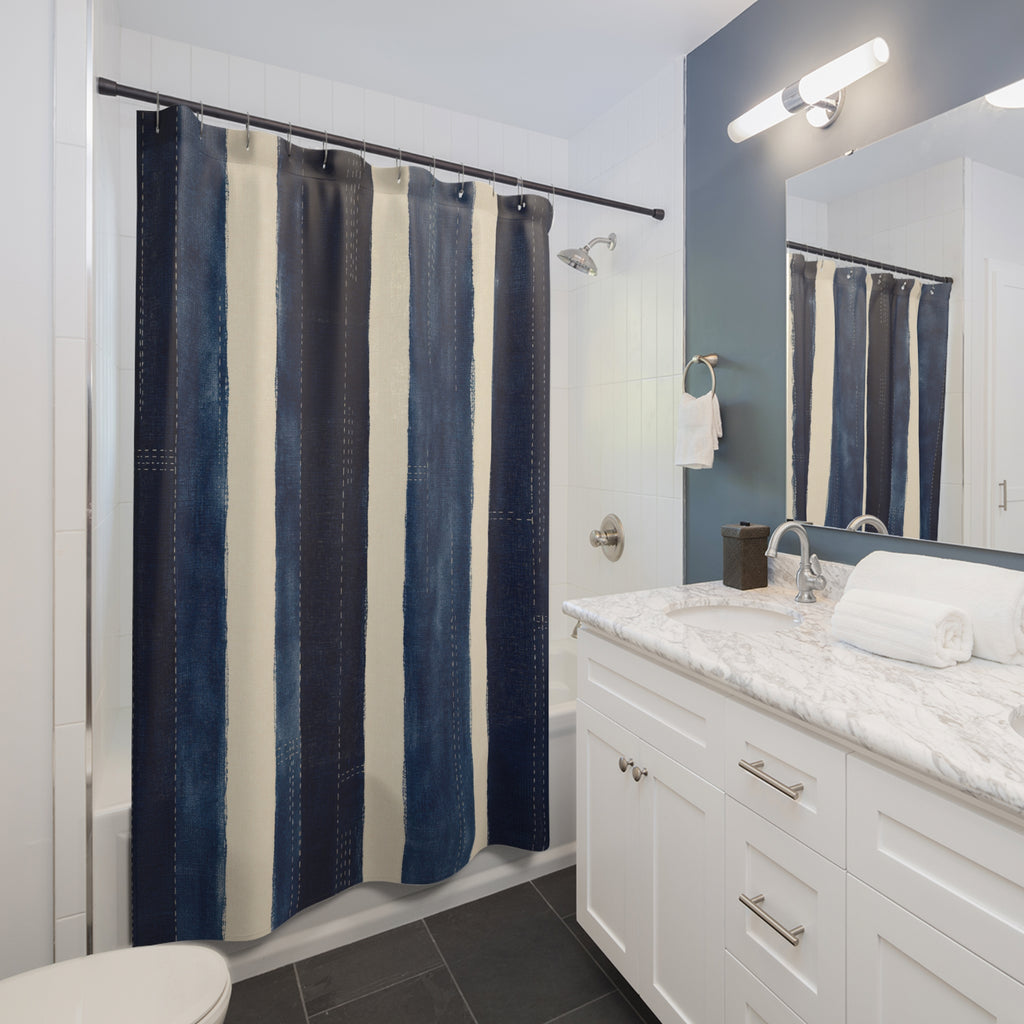 Textured Navy Indigo Stripe Shower Curtain