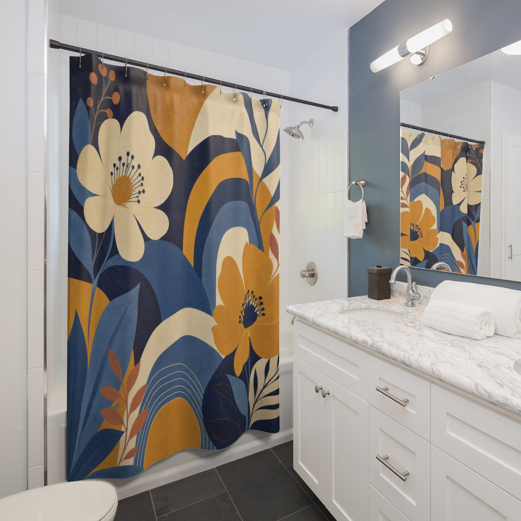 Mustard and Blue Shower Curtain: Retro Floral Botanical
