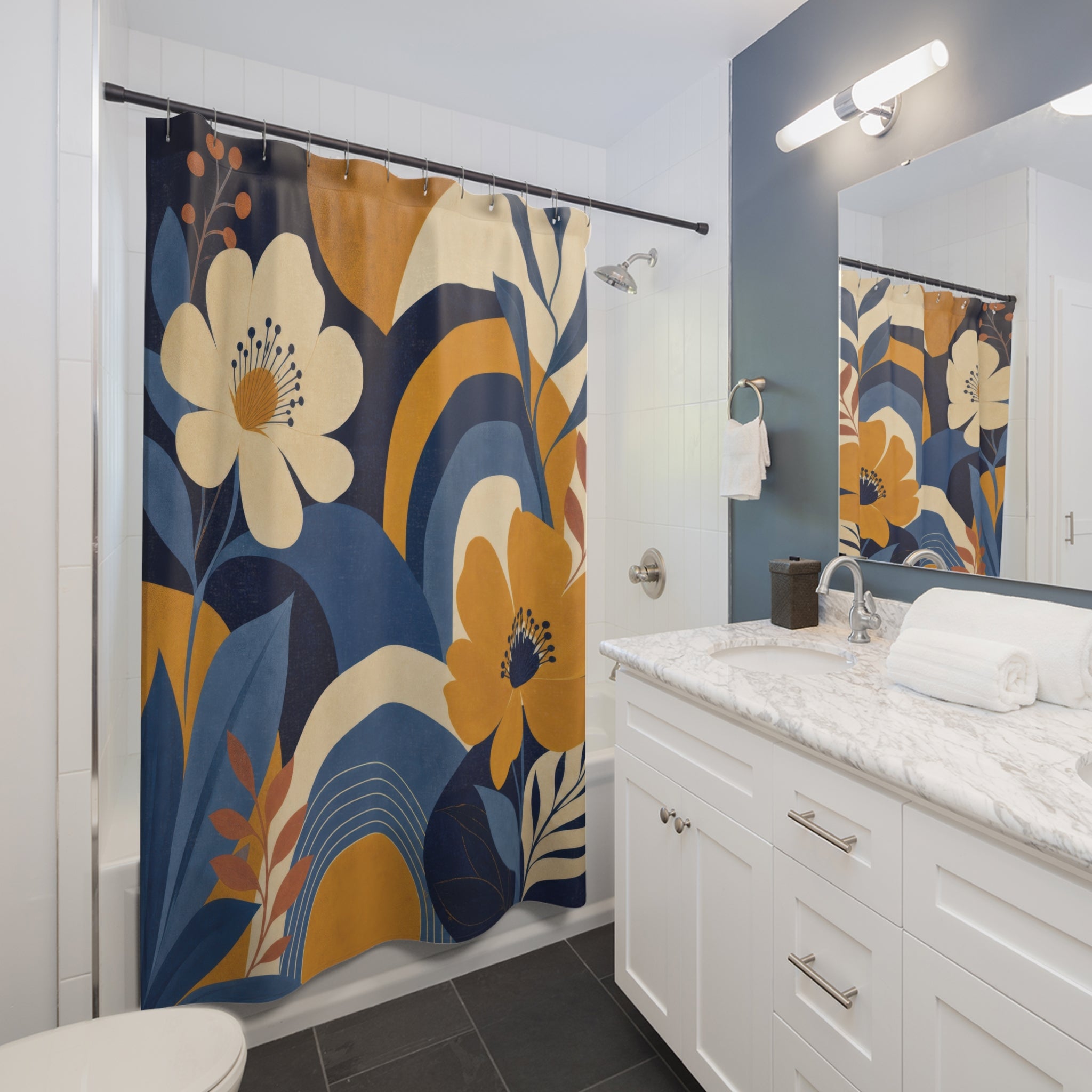 Mustard and Blue Shower Curtain: Retro Floral Botanical