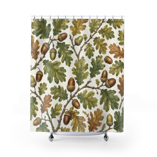 Acorn Botanical Woodland oak leaf shower curtain with full front view