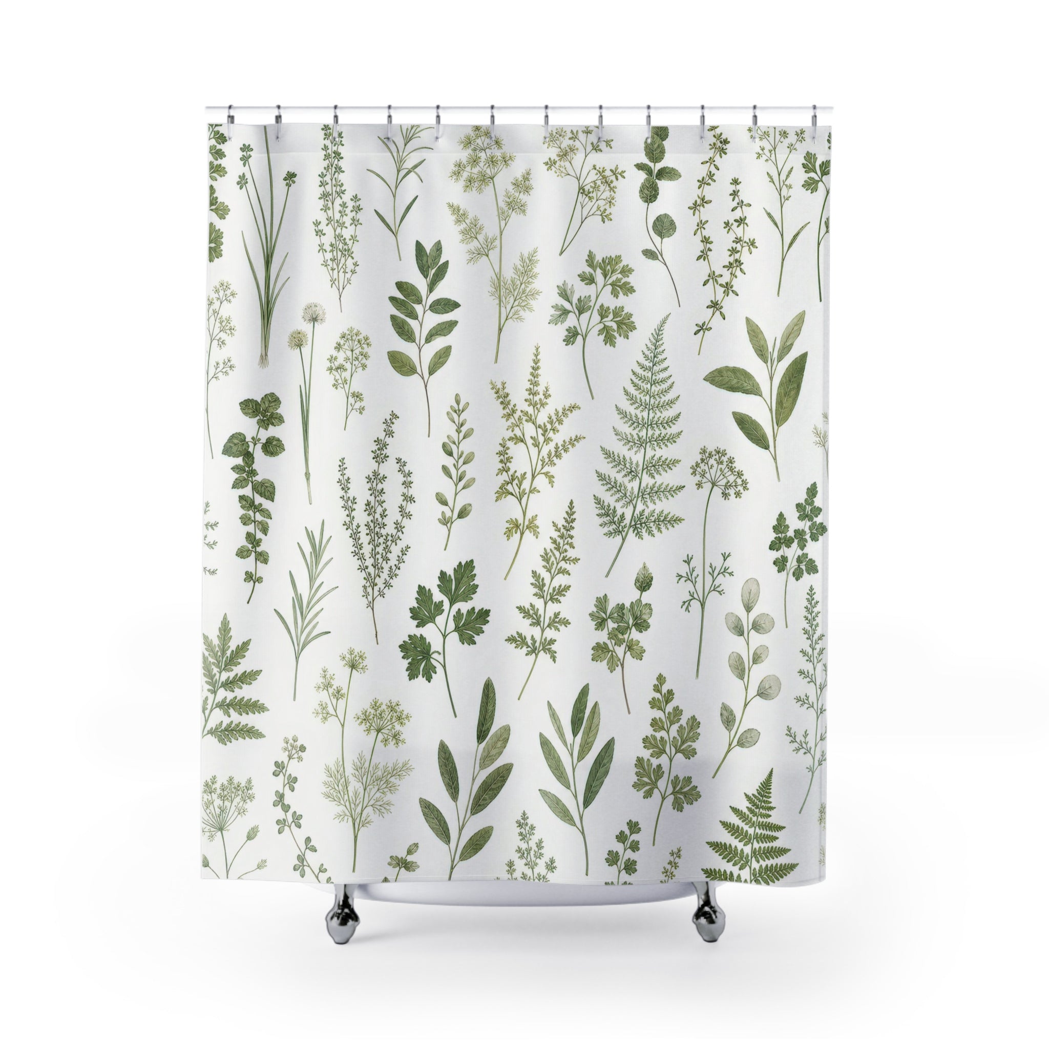 Green White Herb Stem Shower Curtain