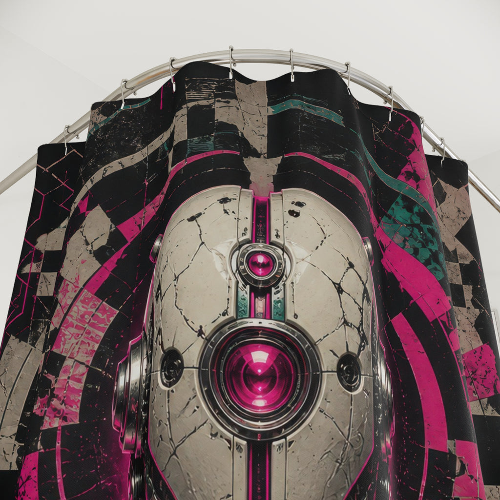 Chrome robot bust with neon circuits and fractured stencil shapes shower curtain with close-up print, hooks, and folds