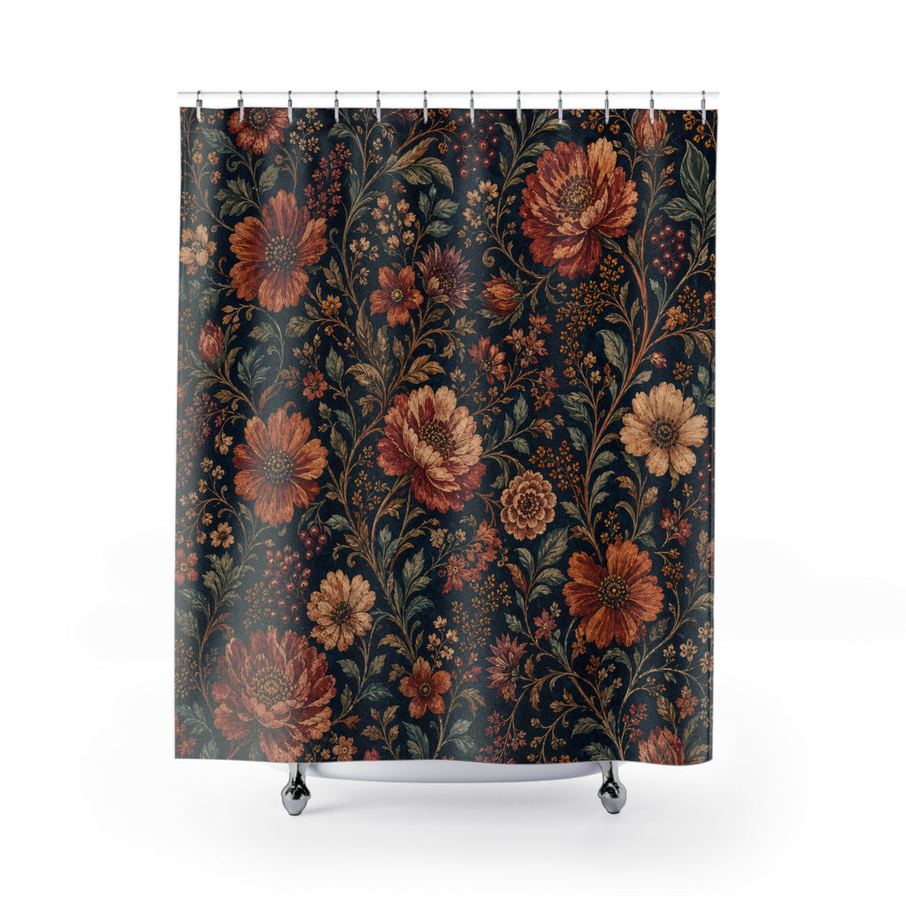 Navy Boho Botanical Dark Floral Shower Curtain