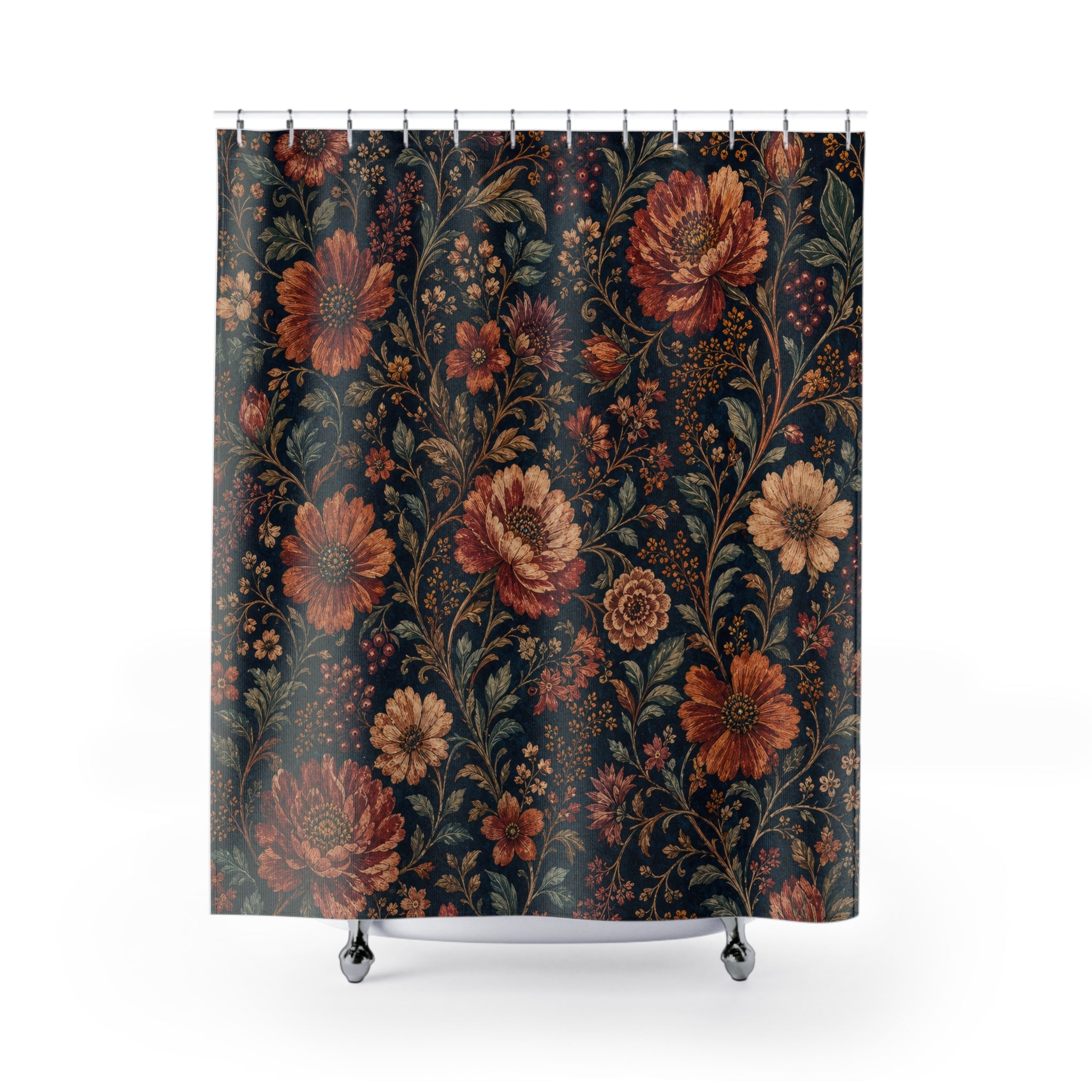 Navy Boho Botanical Dark Floral Shower Curtain