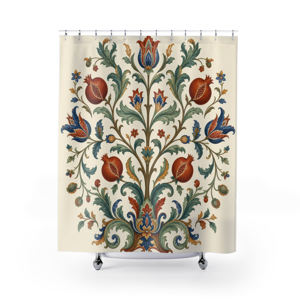 Warm ivory Jacobean tree of life floral shower curtain with full front view