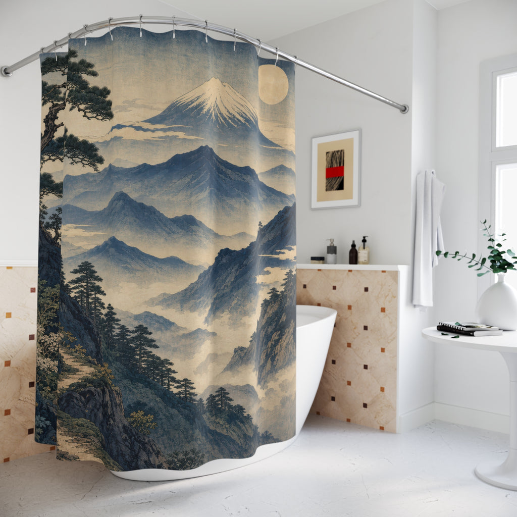 Unique Mountain Shower Curtain, Misty Blue Landscape Art, Moon Pine Japanese Inspired Decor, Serene Guest Bath Wall Accent Gift For Home