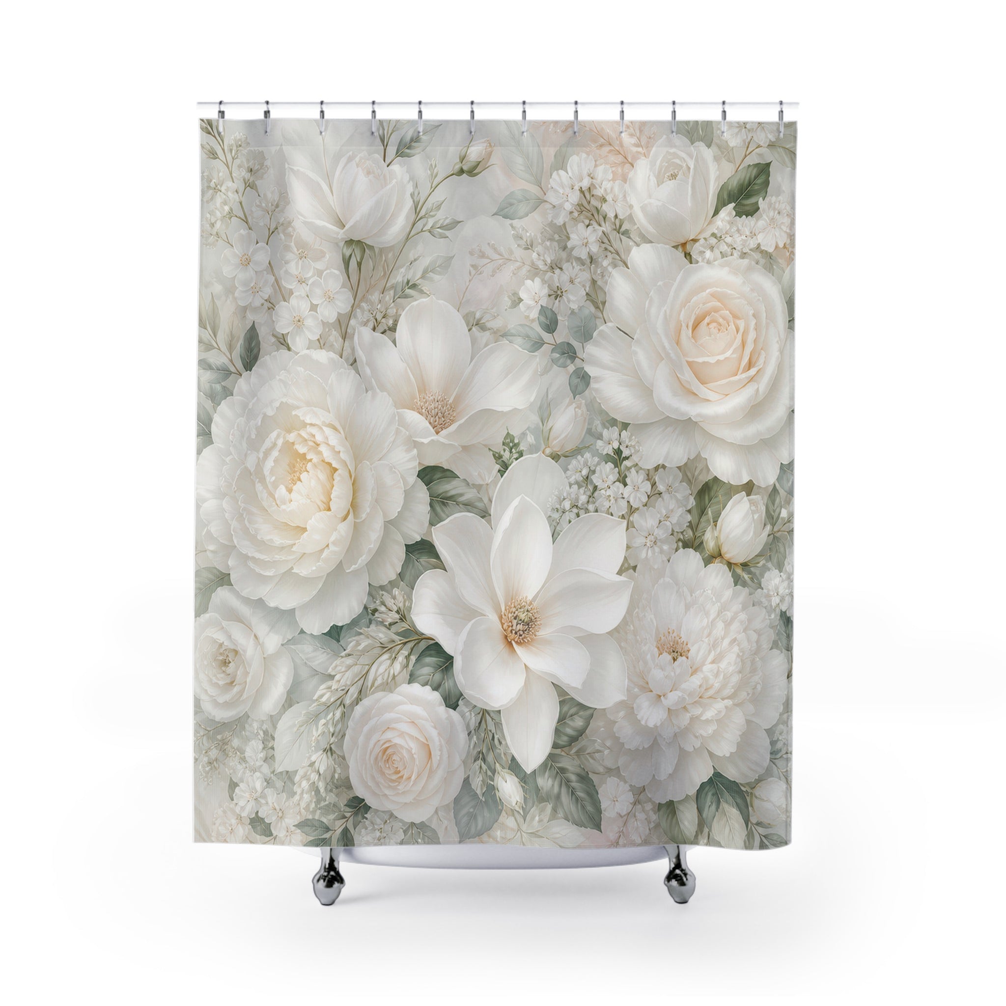 White Floral Shower Curtain: Ivory Rose Magnolia