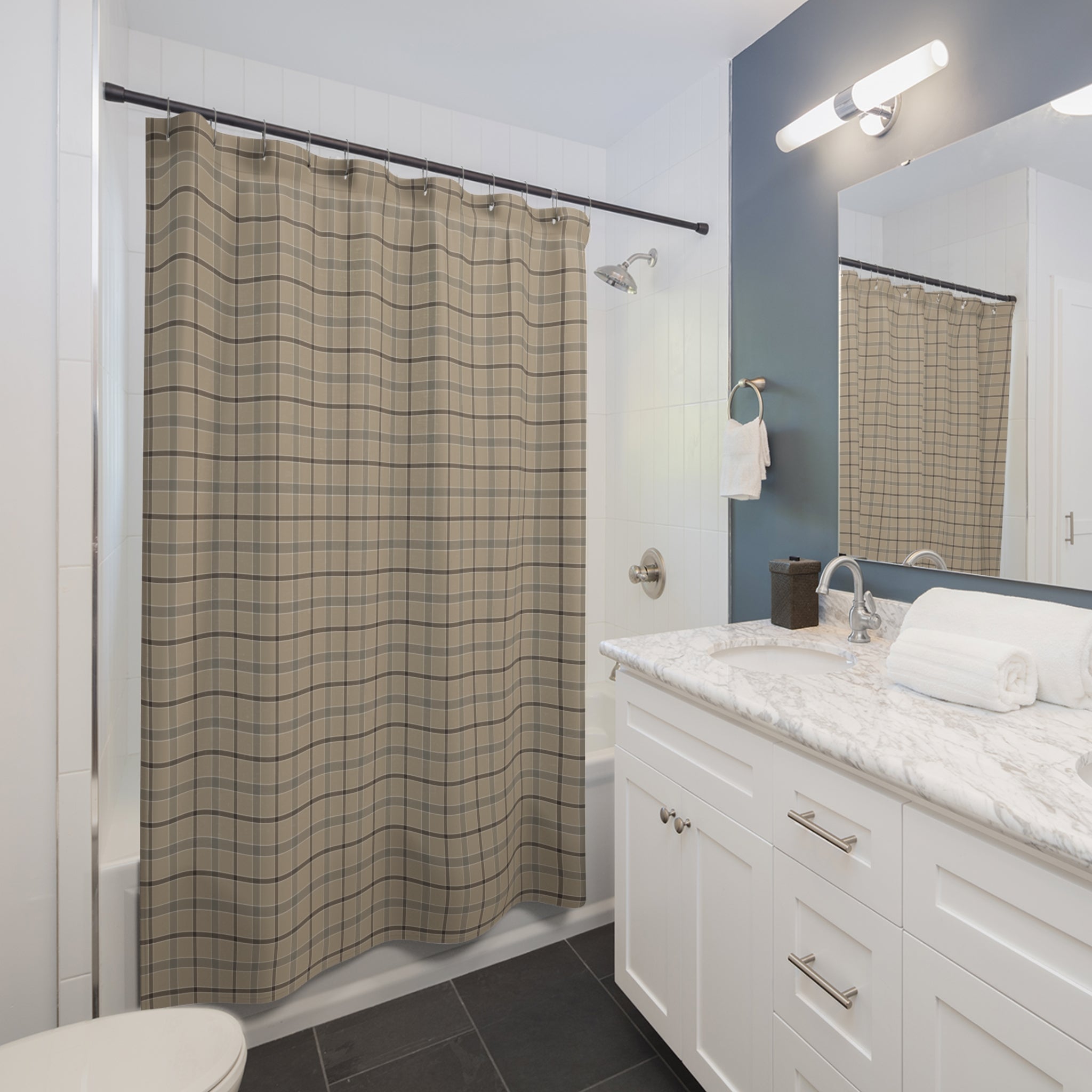 Farmhouse Plaid Shower Curtain – Tan & Charcoal Flannel