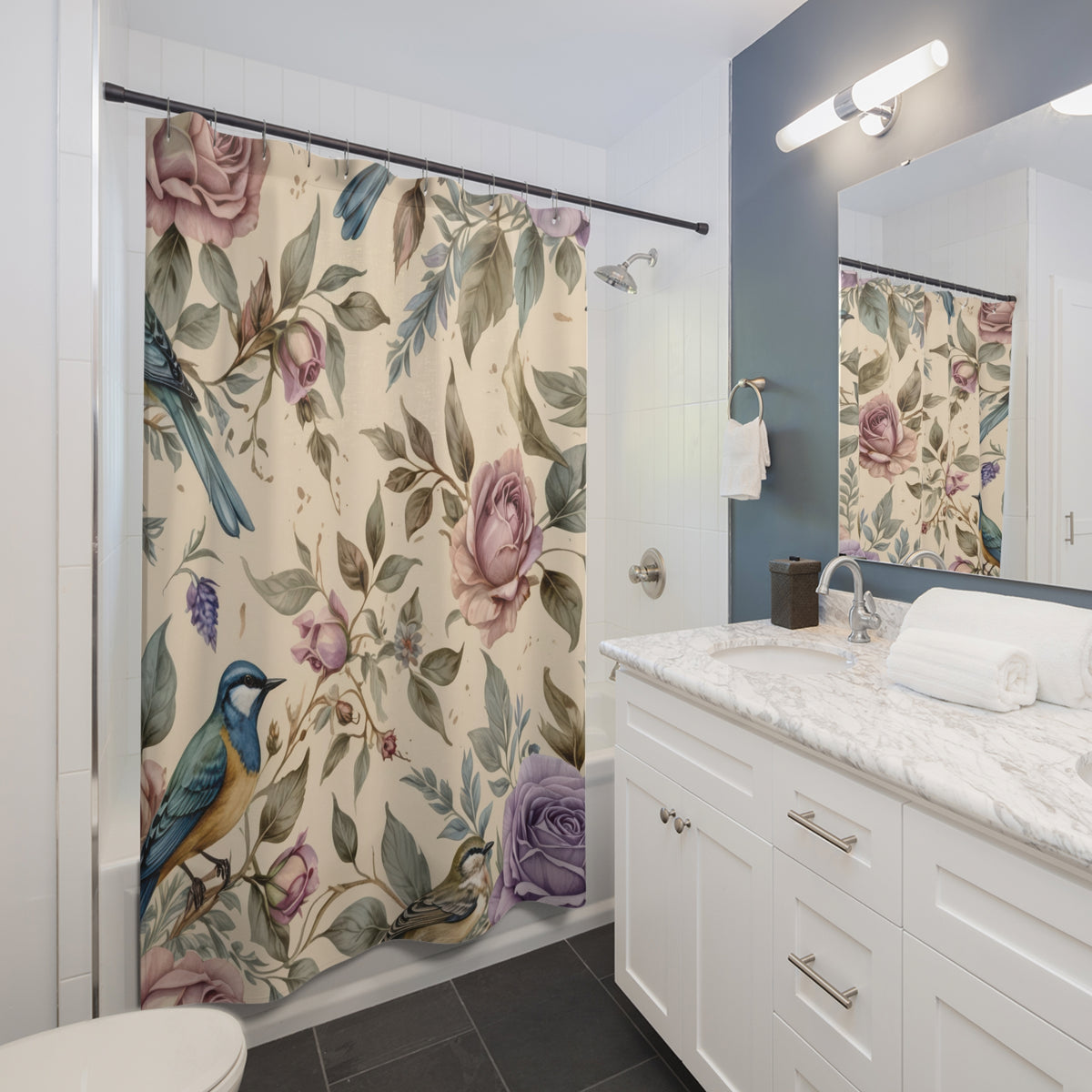 Watercolor Blue Bird and Rose shower curtain beside a white vanity