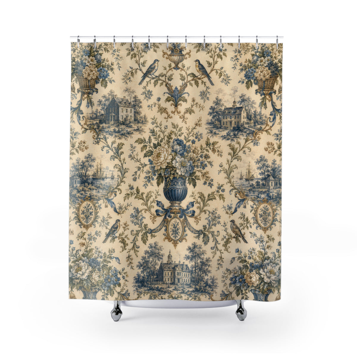 Colonial Toile Shower Curtain: Blue French Country