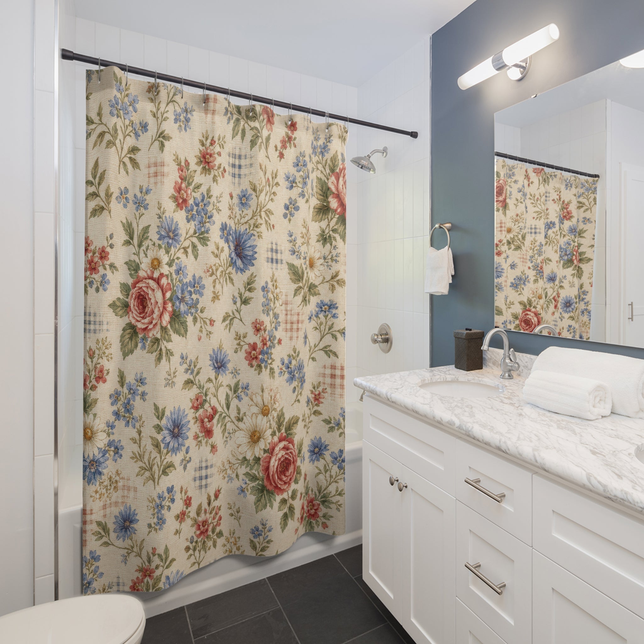 Country Floral Shower Curtain: Vintage Cottage Flower Pattern