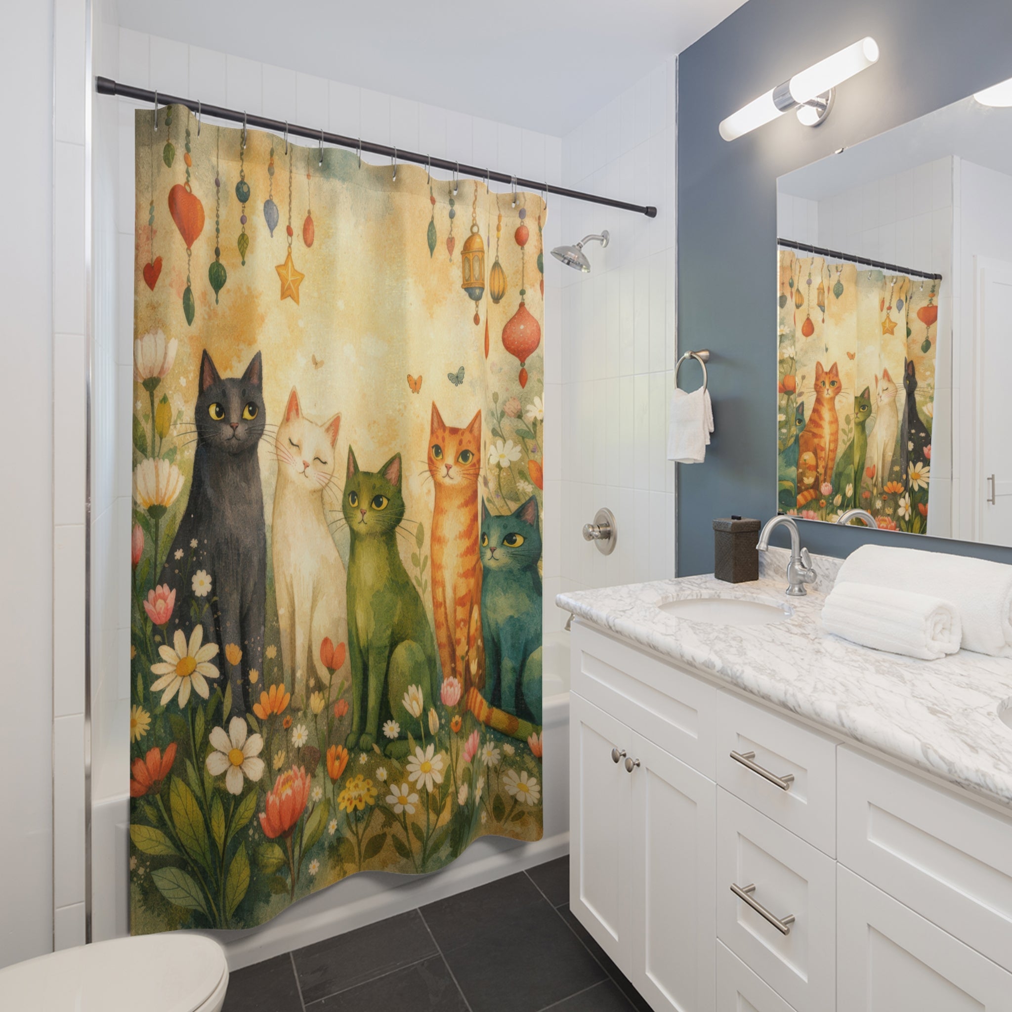 Whimsical Cat Shower Curtain – Cottagecore Floral