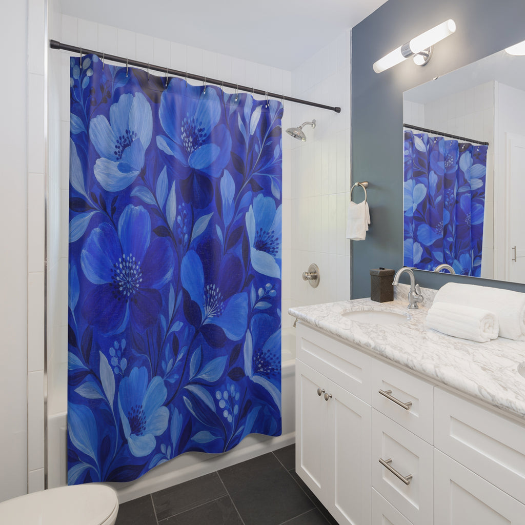 Blue Floral Shower Curtain, Deep Blue Botanical Bathroom Decor, Blue Floral Bath Curtain, Guest Bath Decor, Small Bathroom Decor, Home Decor