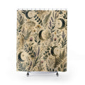 Painterly Moon Shower Curtain, Witchy Botanical Bath Decor, Herb Fern Floral Pattern, Ivory Green Celestial Nature Guest Bathroom Decor