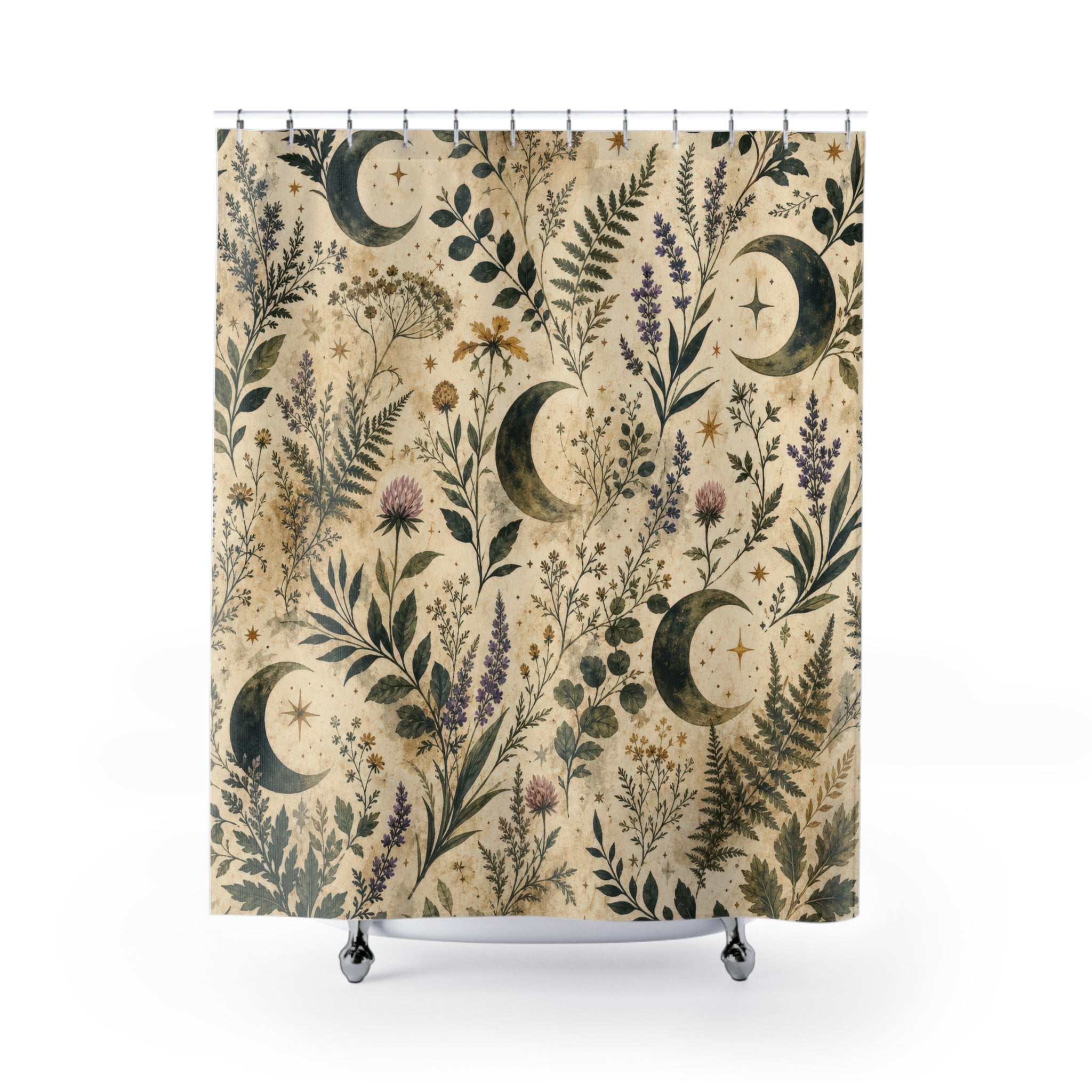 Painterly Moon Shower Curtain, Witchy Botanical Bath Decor, Herb Fern Floral Pattern, Ivory Green Celestial Nature Guest Bathroom Decor