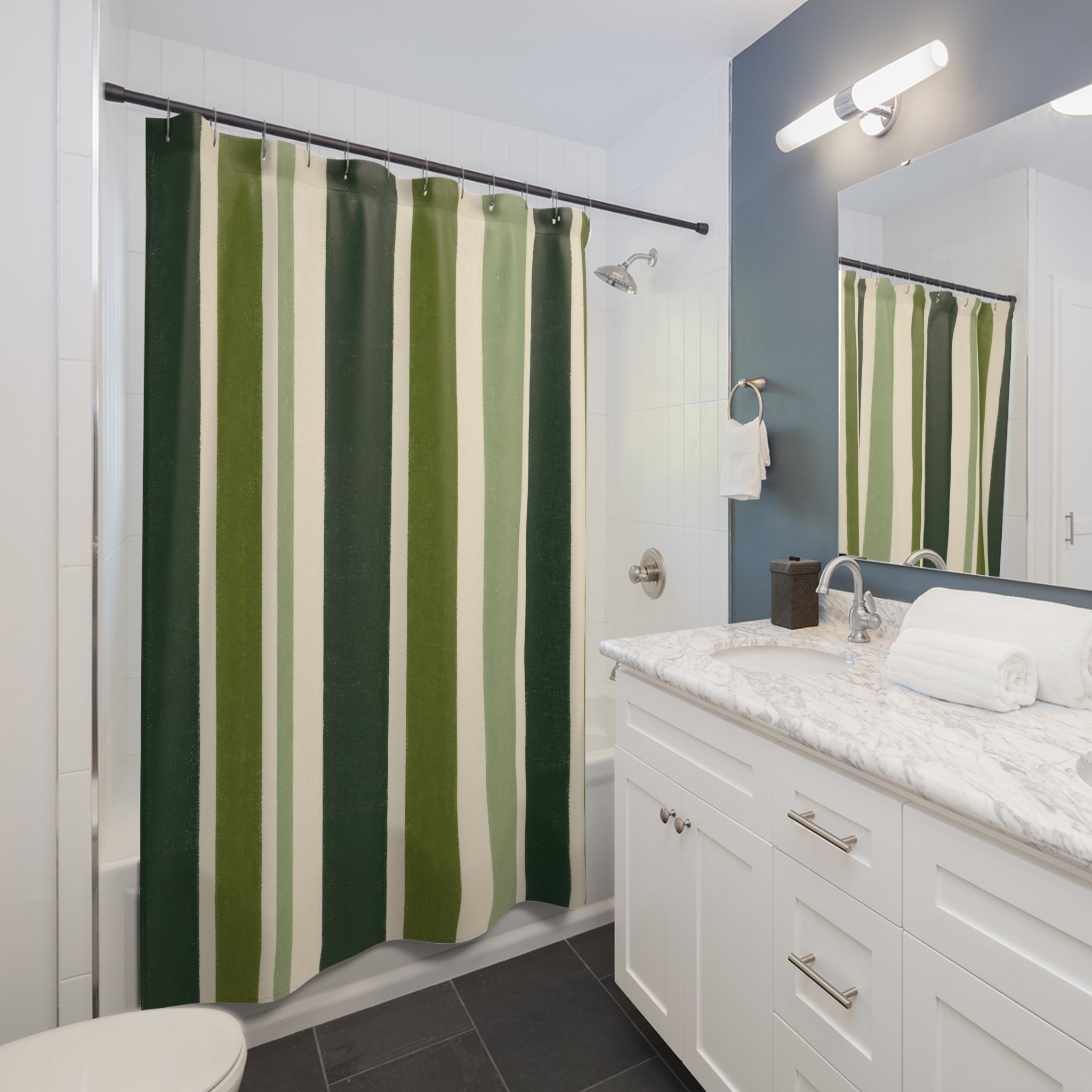 Forest Green Cream Cabana Stripe Shower Curtain