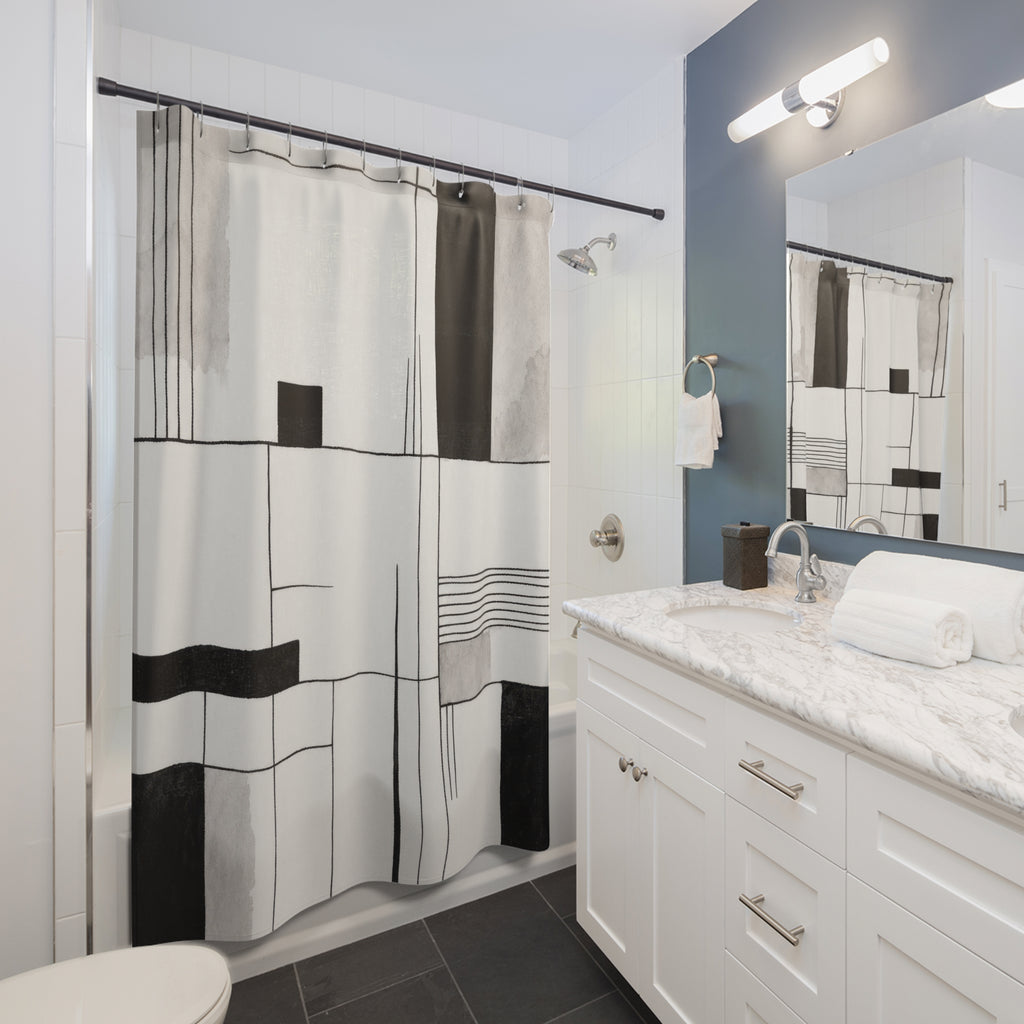 Black White Block Line Shower Curtain