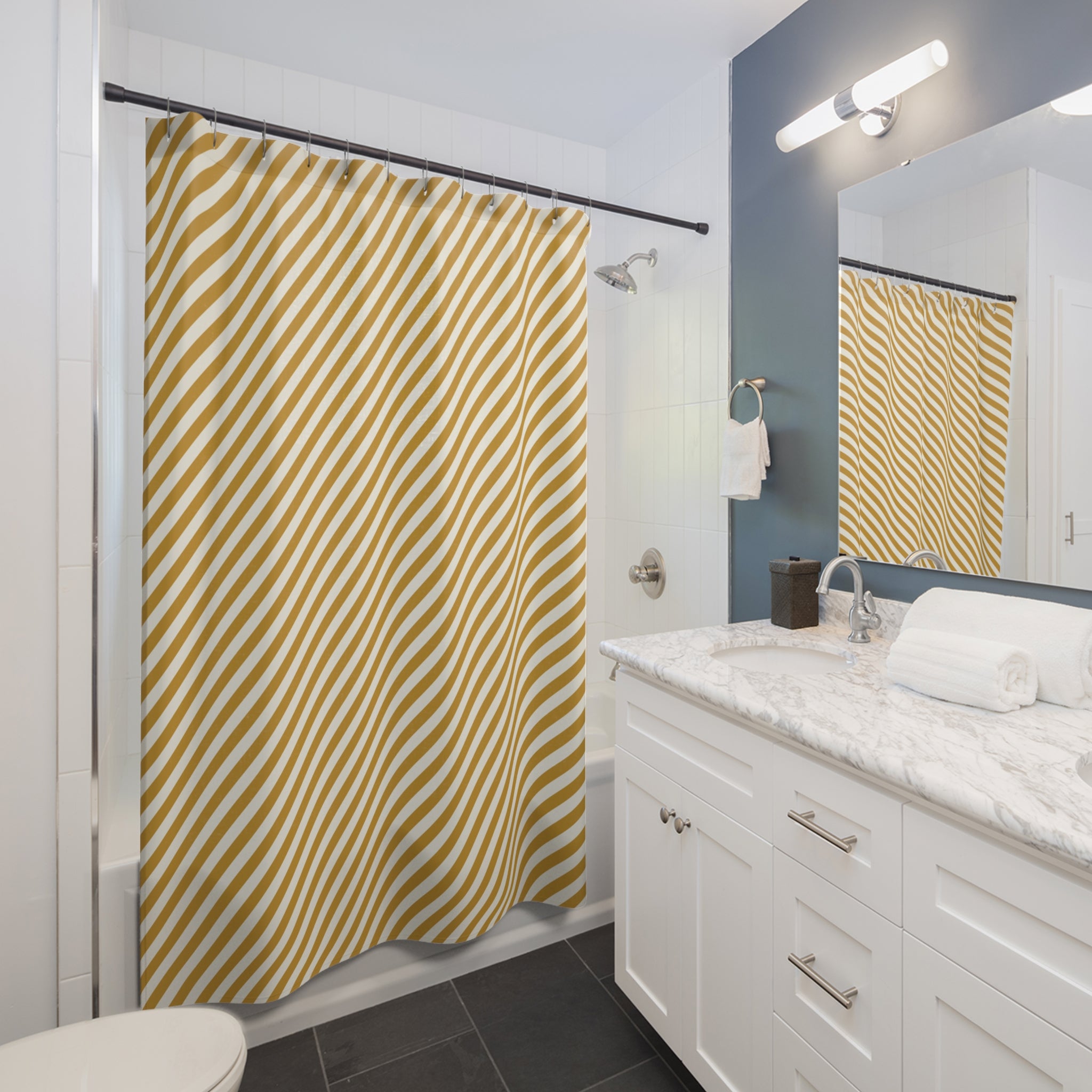 Yellow and White Diagonal Stripe Shower Curtain