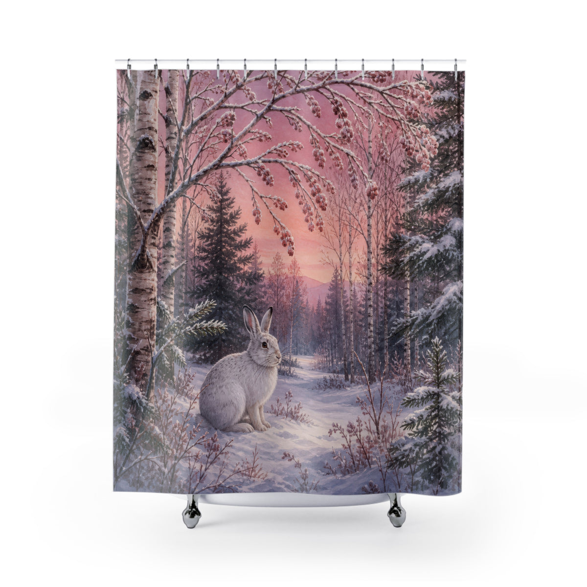 Winter woodland snowshoe hare among birches shower curtain with full front view