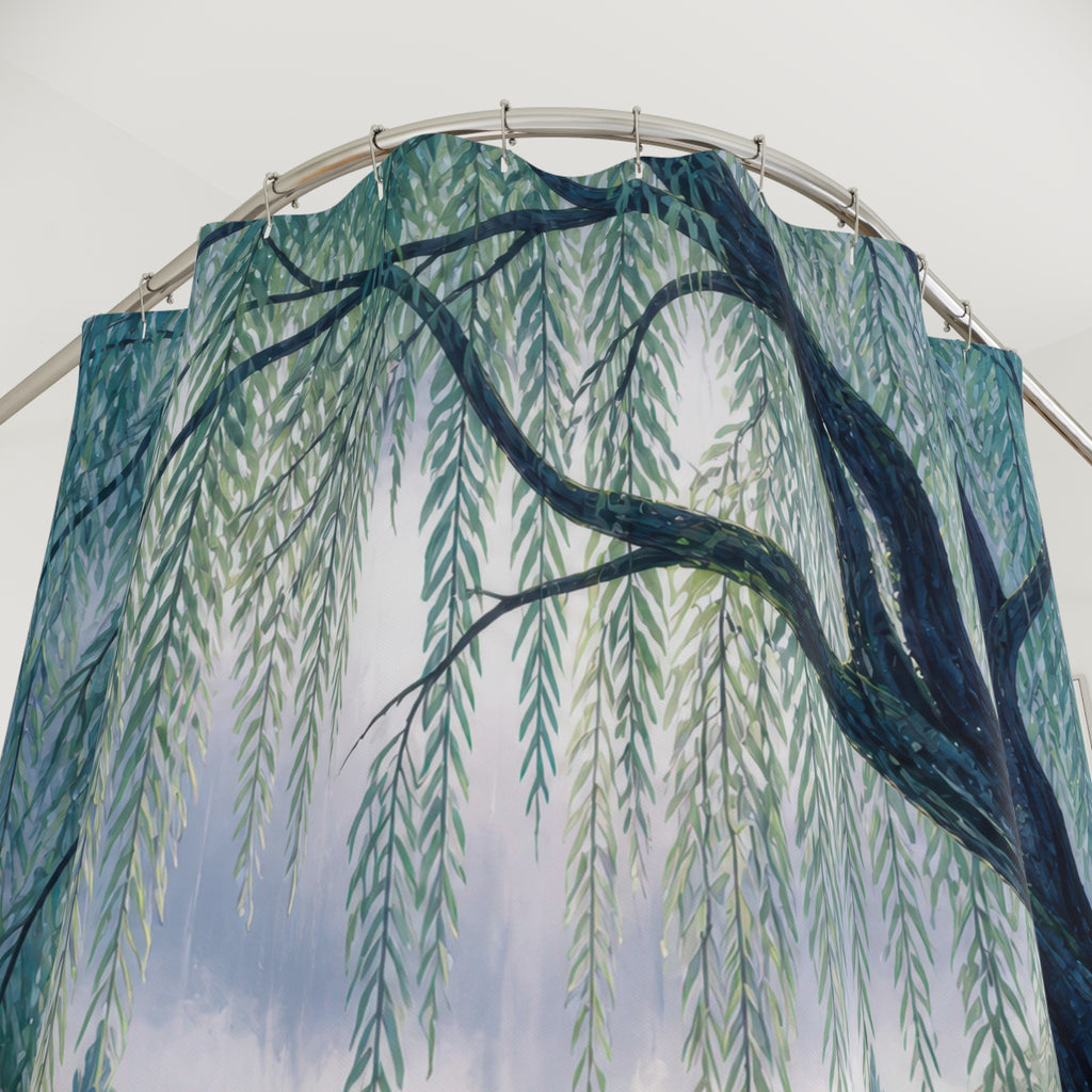 Blue willow tree framing a lavender garden pond shower curtain with close-up print, hooks, and folds