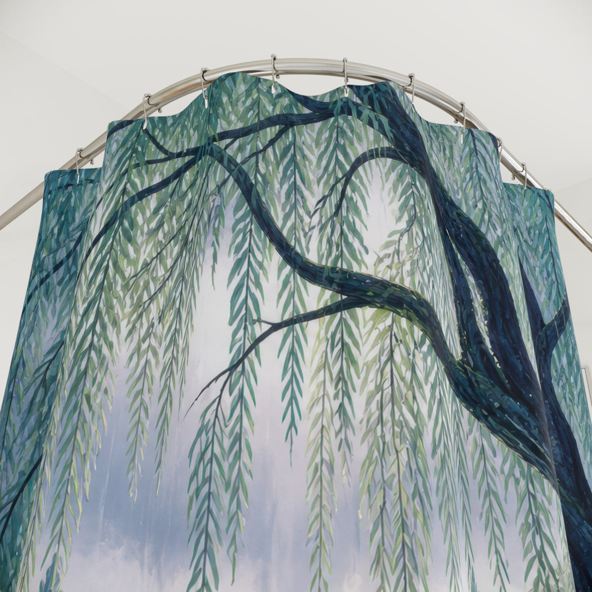Blue willow tree framing a lavender garden pond shower curtain with close-up print, hooks, and folds