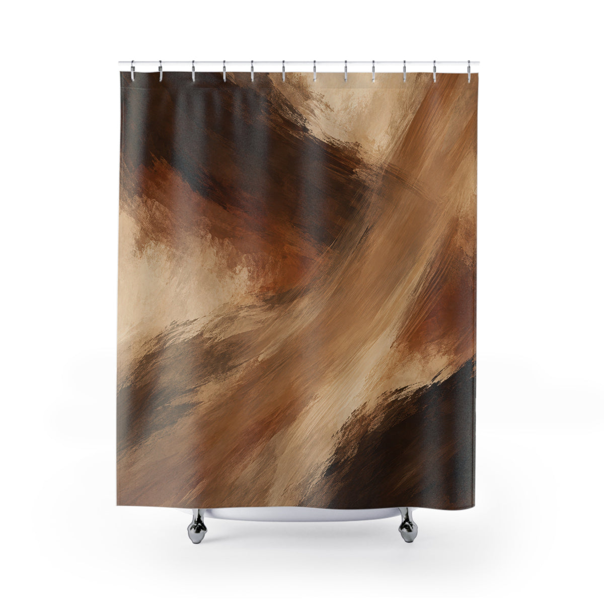 Umber and camel brushstrokes with cream openings shower curtain with full front view