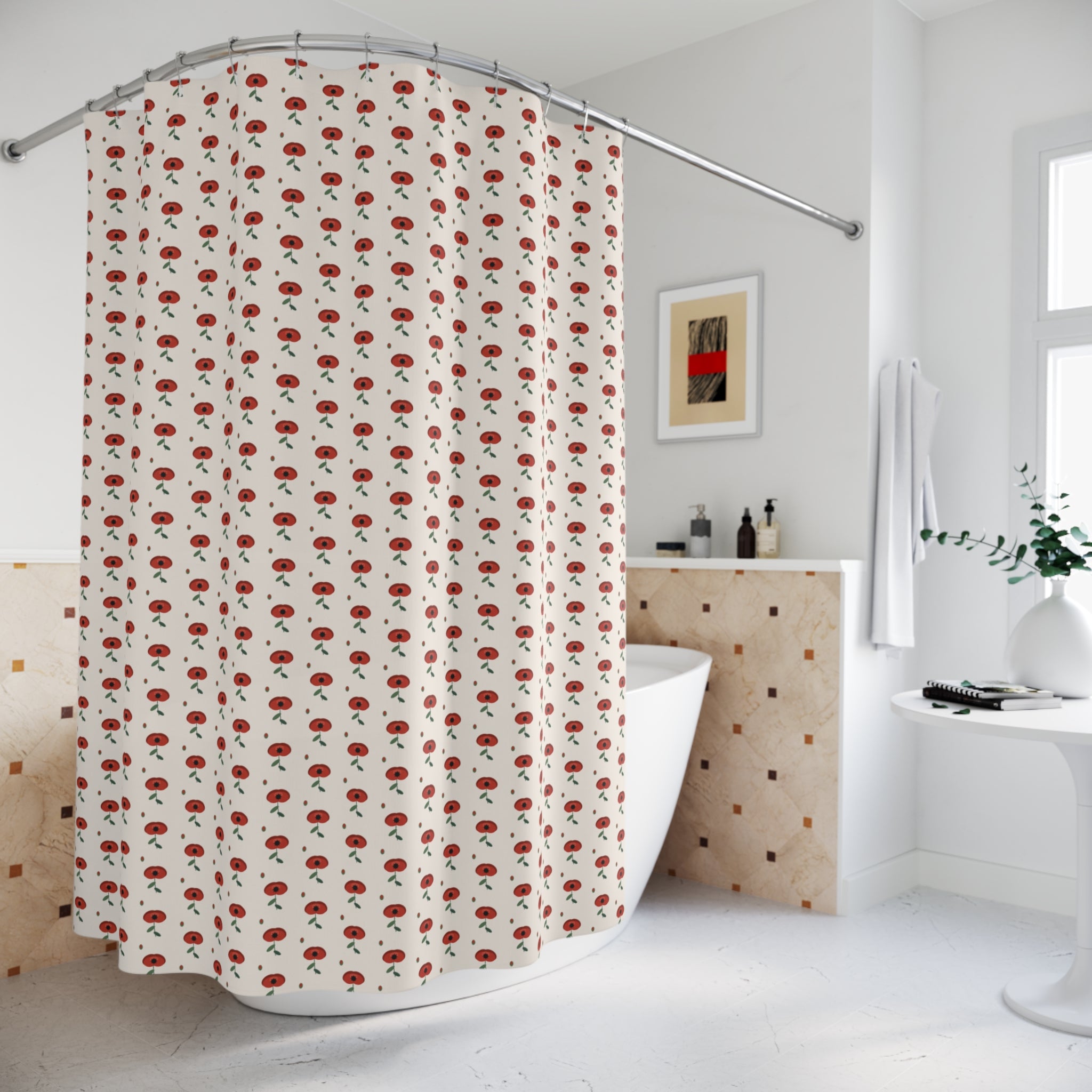 Art Nouveau Poppy Shower Curtain – Red on Cream