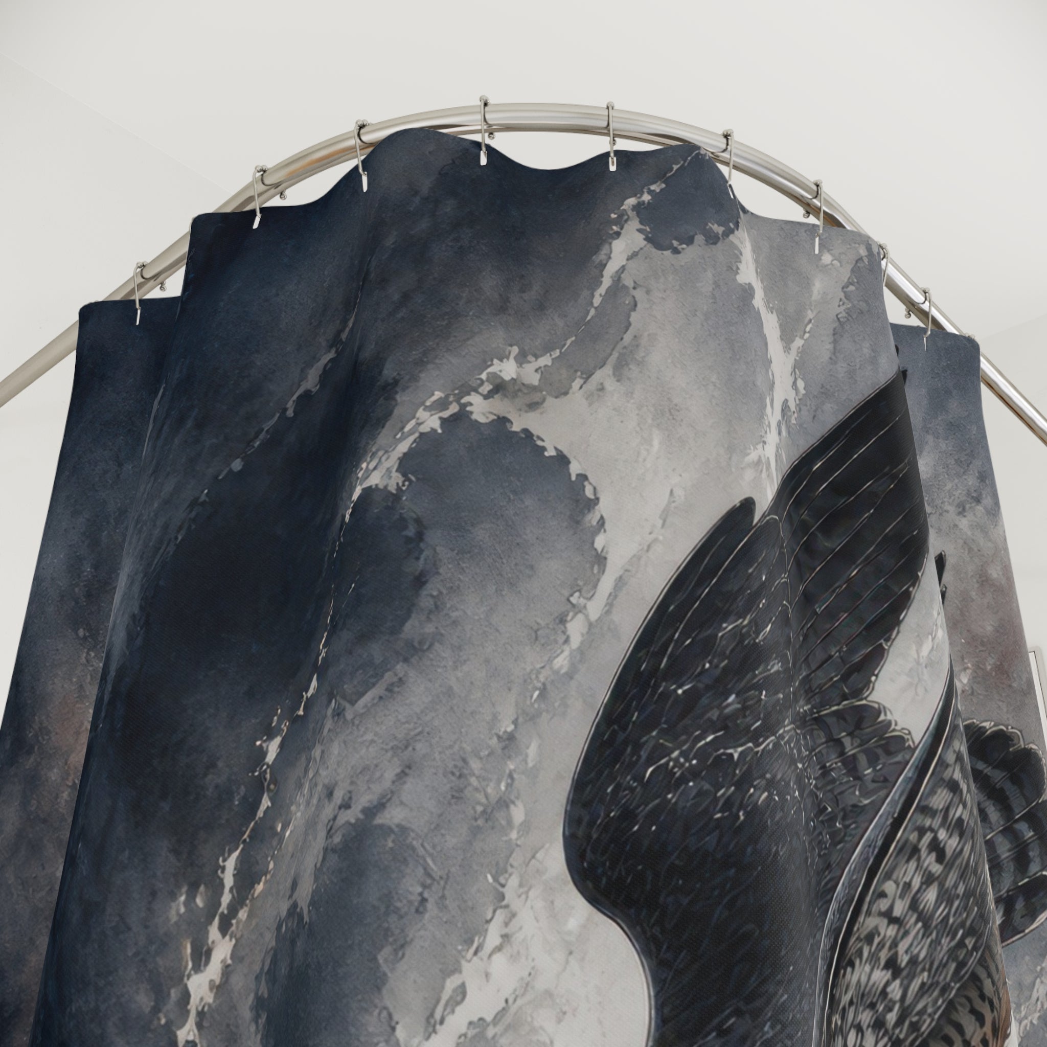 Close-up of Diving falcon inside a charcoal and slate blue storm spiral shower curtain with hooks and folds