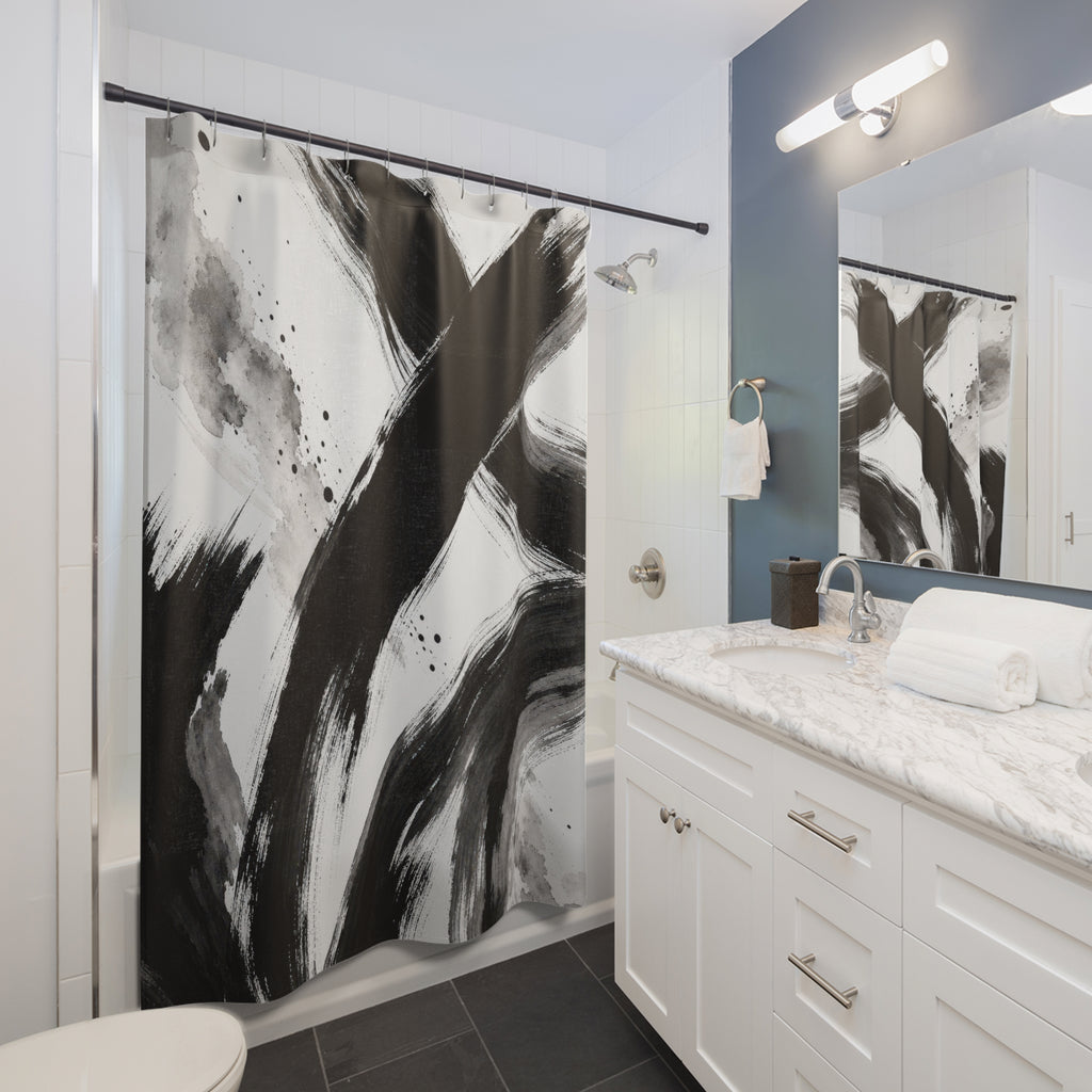 Black White Brushstroke Shower Curtain