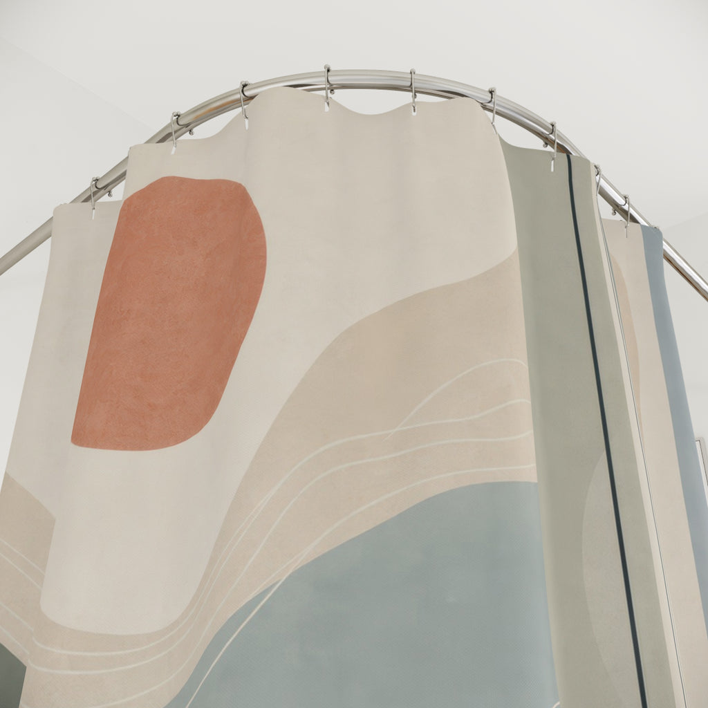 Abstract Landscape Shower Curtain, Blue Watercolor Waves and Terracotta Sun, Modern Coastal Bathroom Decor, Calm Spa Bath Style, Soft Art