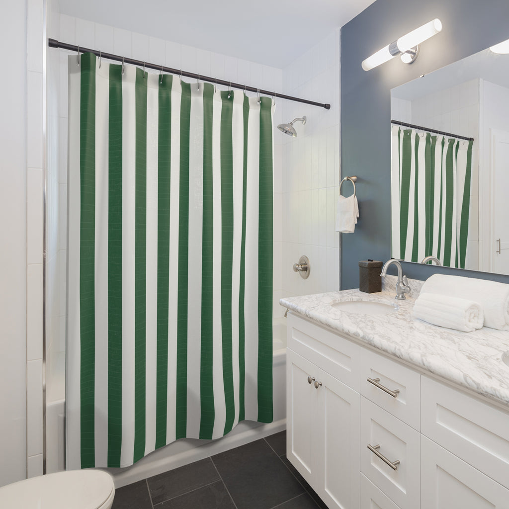 Green and White Awning Stripe Shower Curtain