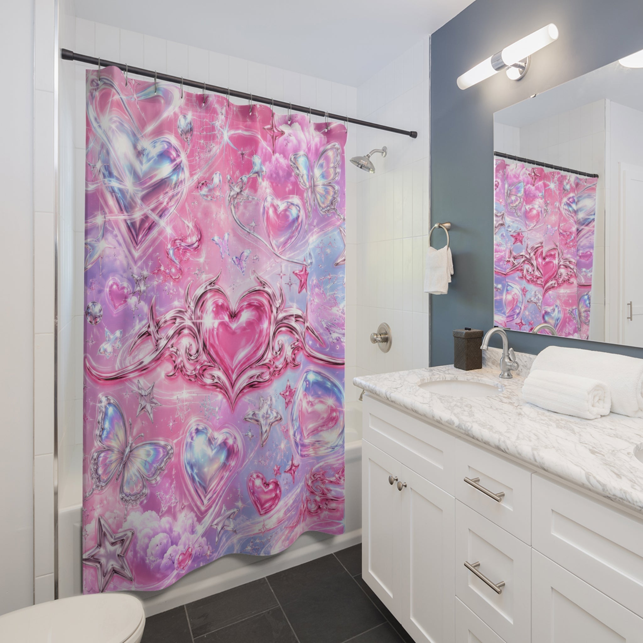 Y2K Pink Shower Curtain: Chrome Heart Star Butterfly