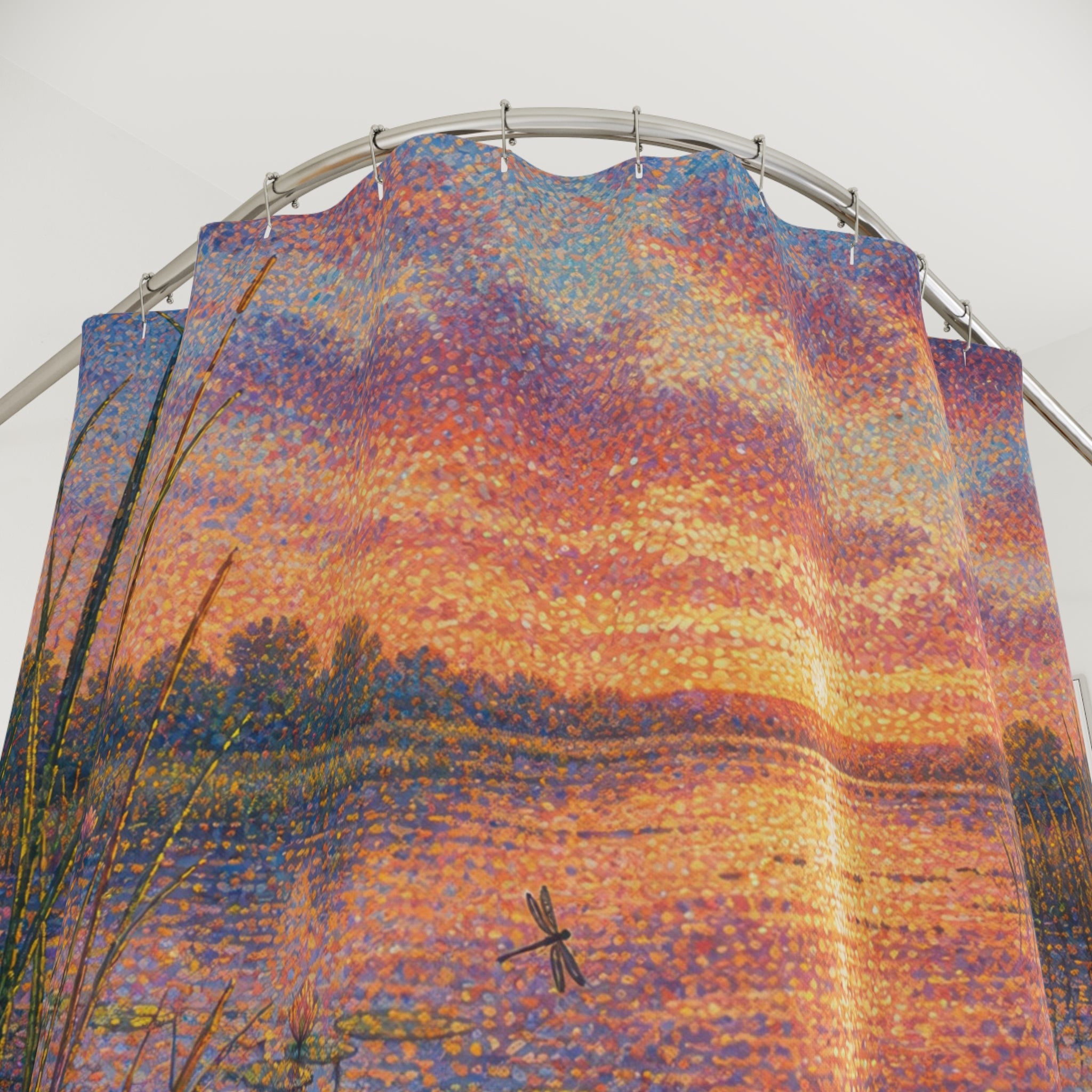 Pointillist Lotus Pond Sunset Shower Curtain