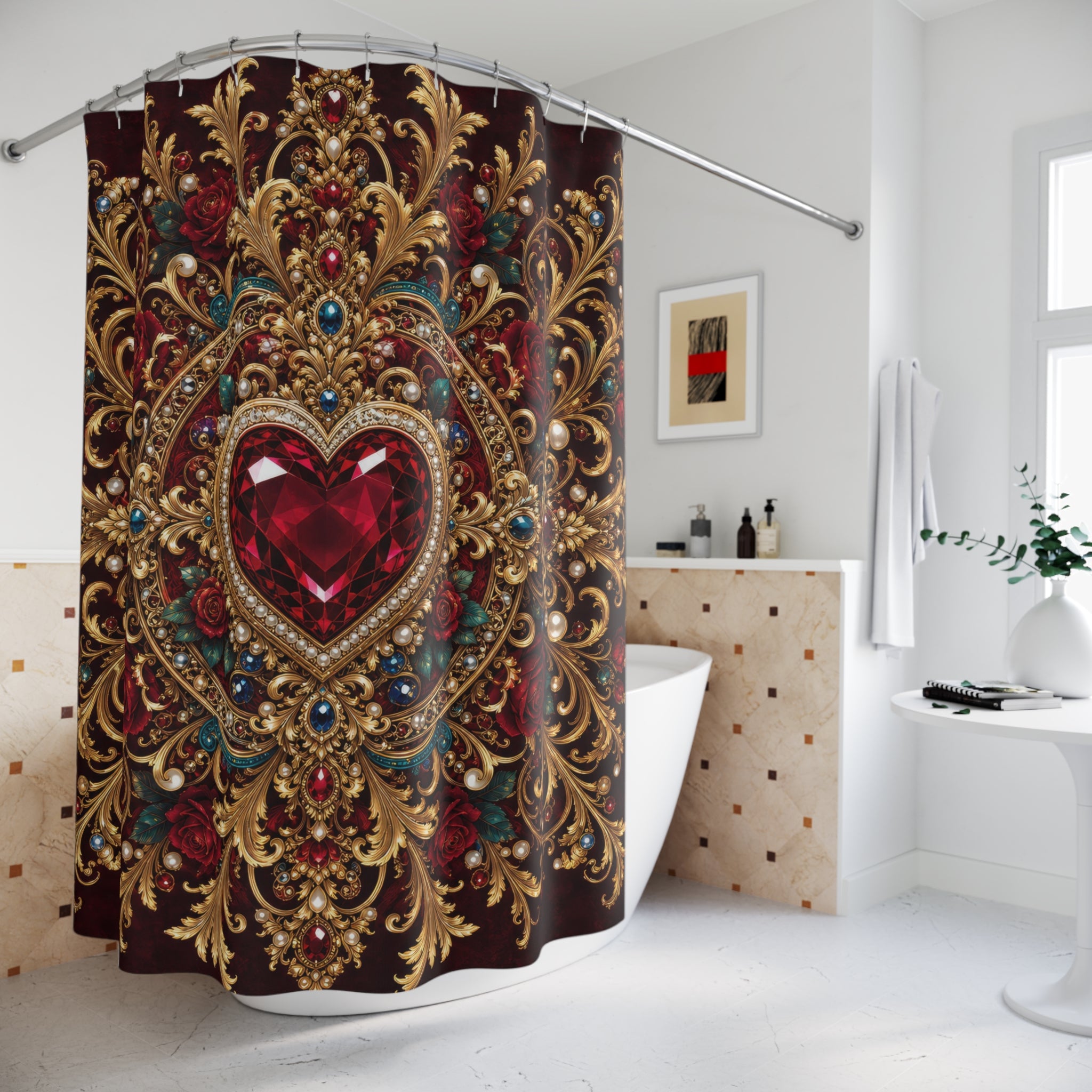 Ruby Jeweled Heart Valentine Shower Curtain